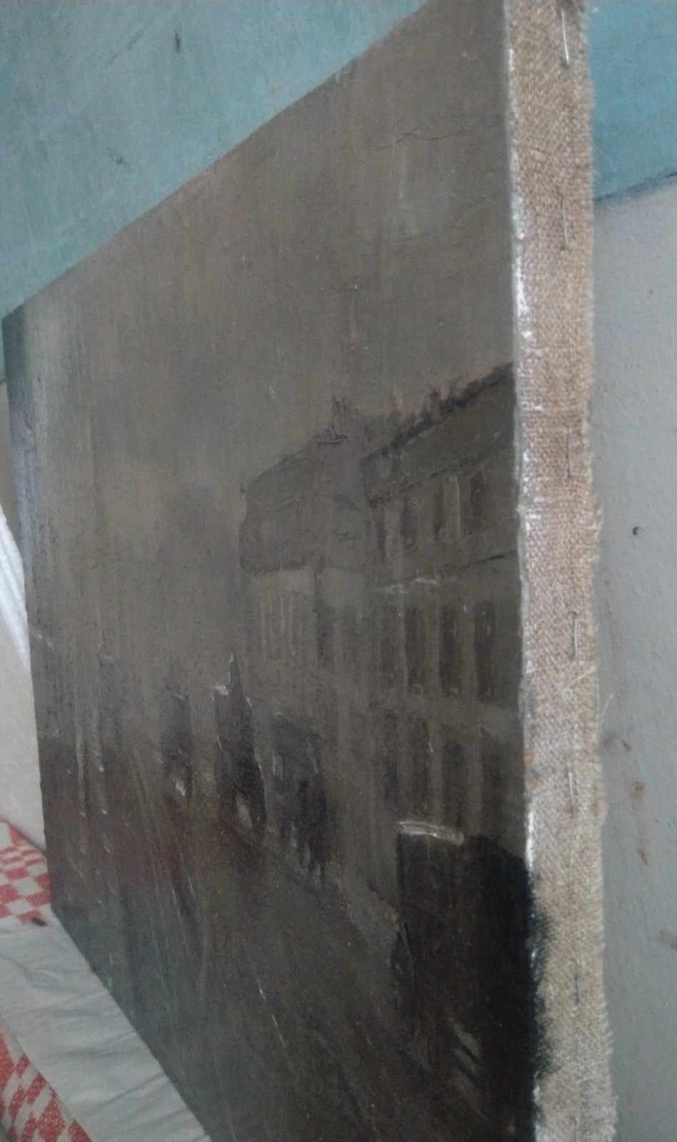 A moody atmospheric painting of a foggy city street with horse-drawn carriages.
