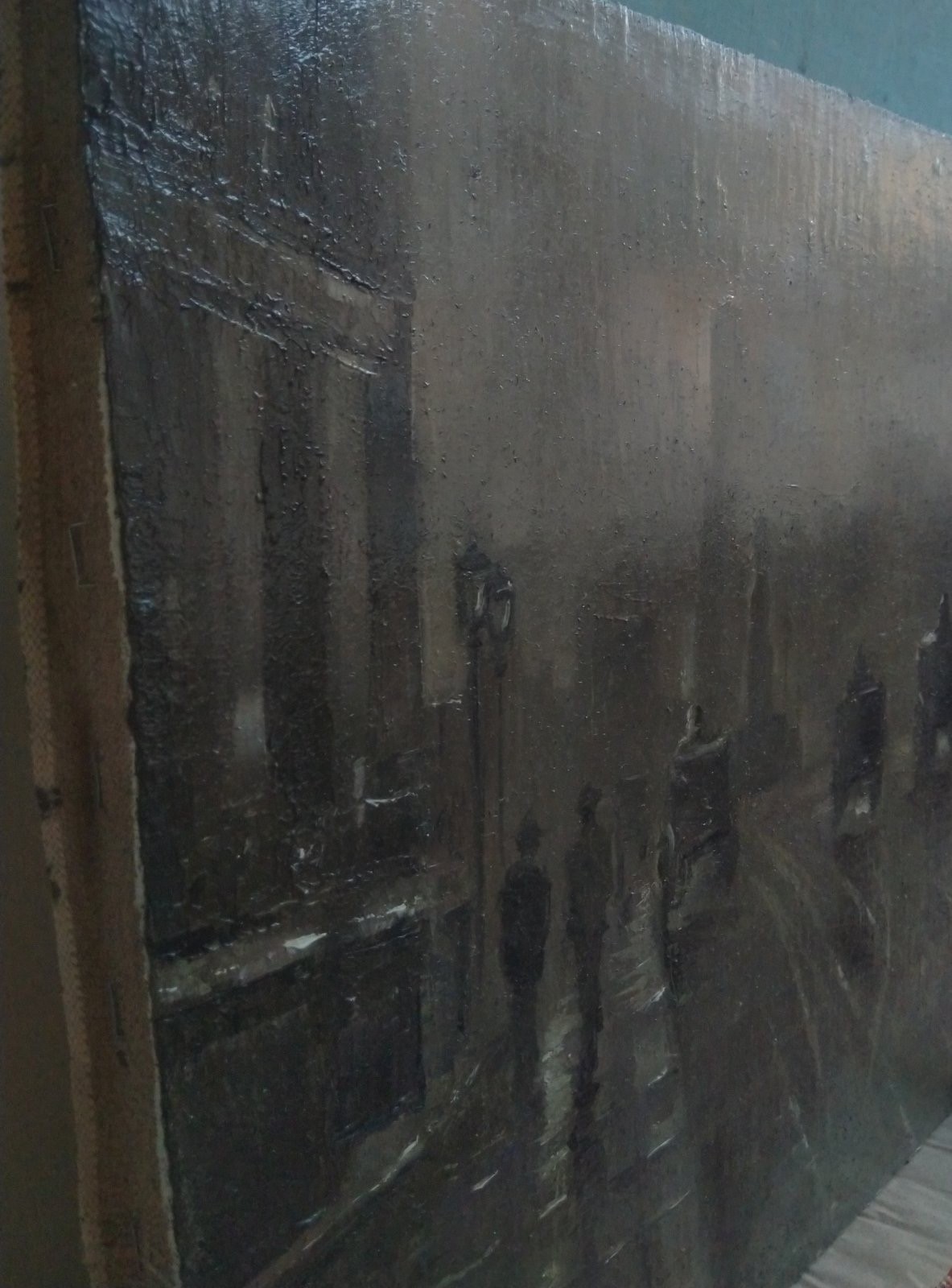 A moody atmospheric painting of a foggy city street with horse-drawn carriages.
