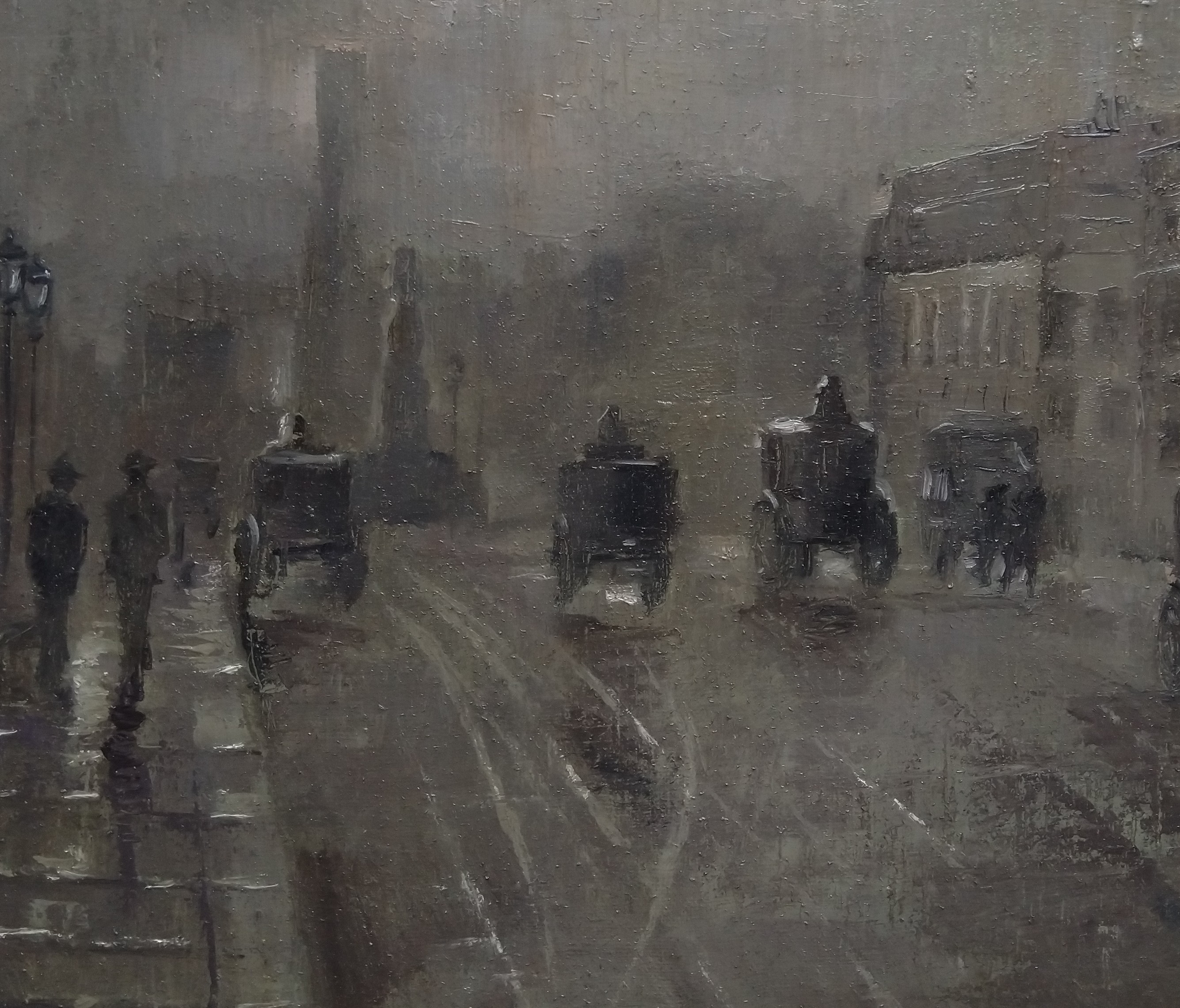 A moody atmospheric painting of a foggy city street with horse-drawn carriages.