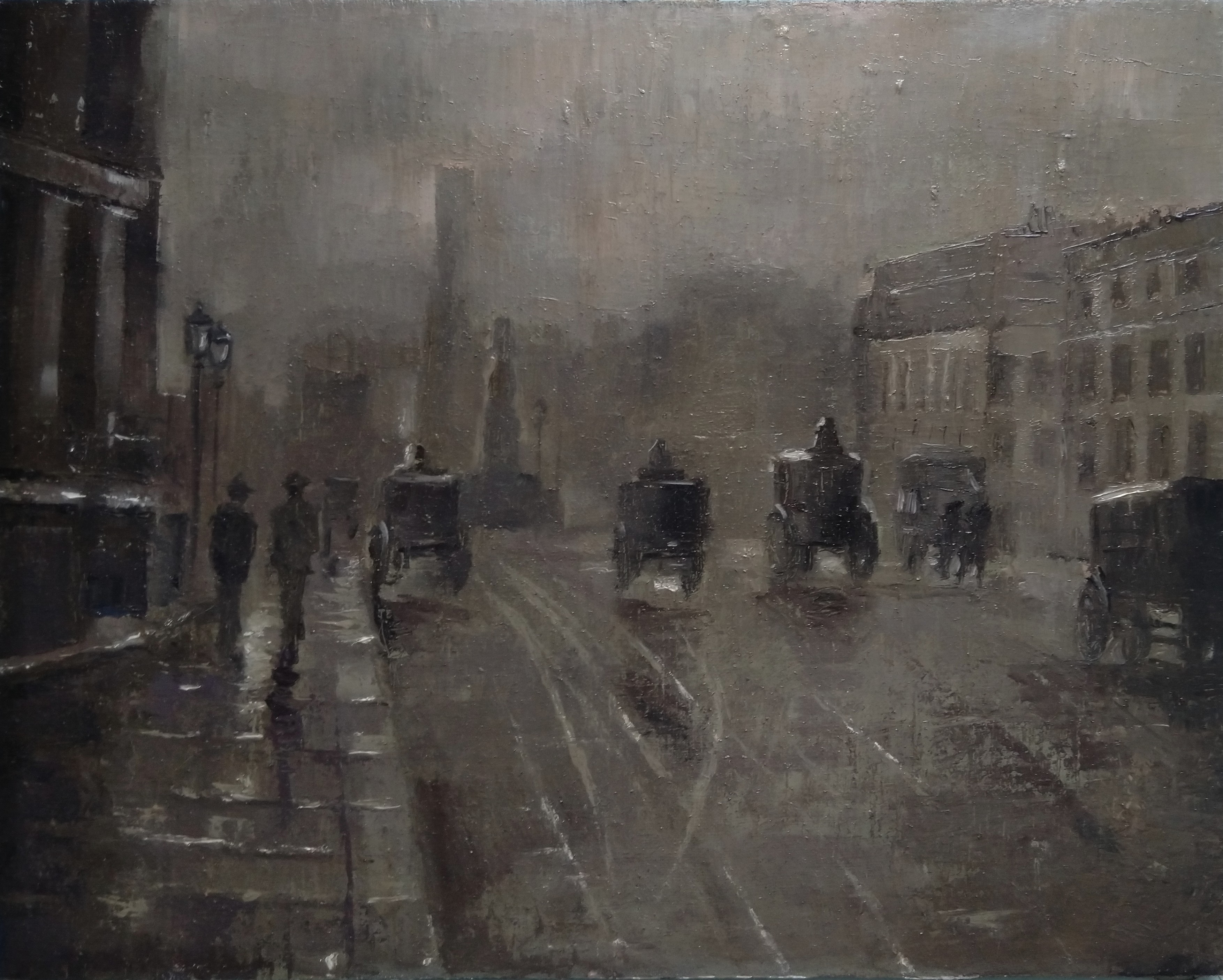 A moody atmospheric painting of a foggy city street with horse-drawn carriages.