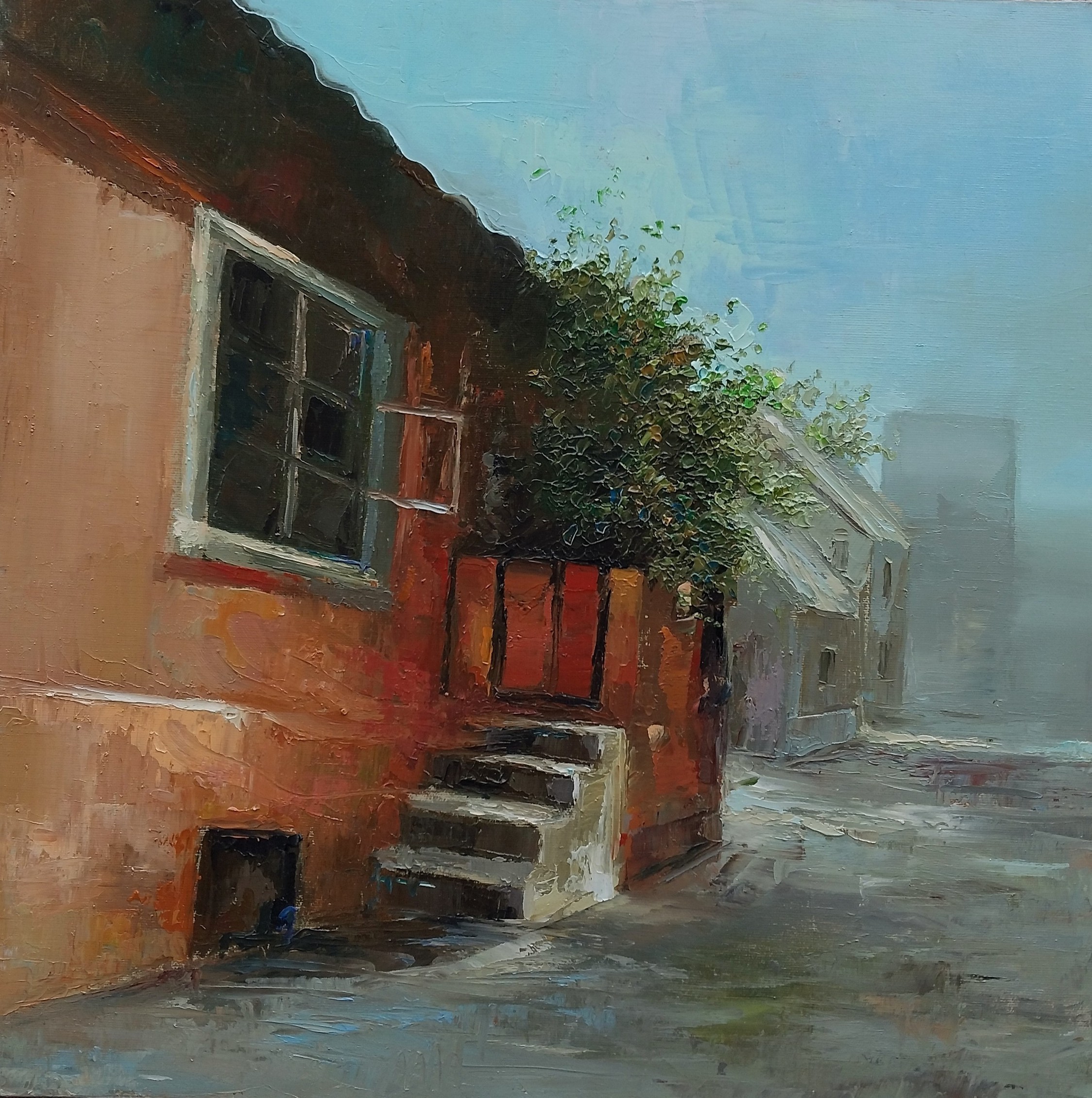 A textured oil painting of a quiet, misty street corner with a red building and green foliage.