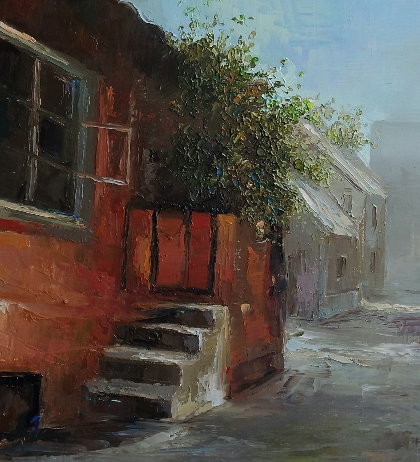 A textured oil painting of a quiet, misty street corner with a red building and green foliage.