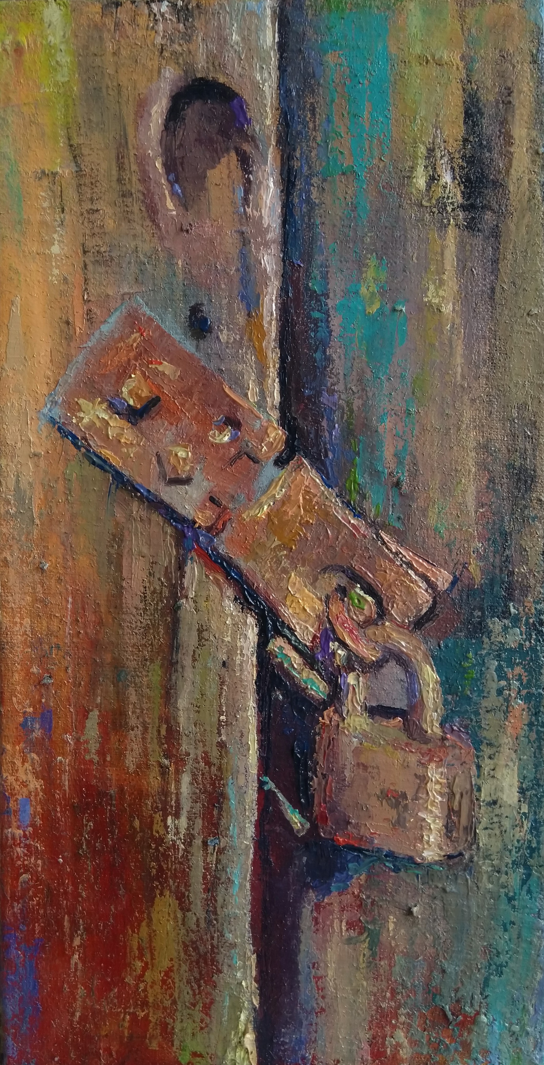A textured close-up of a rusty padlock on an old wooden door.