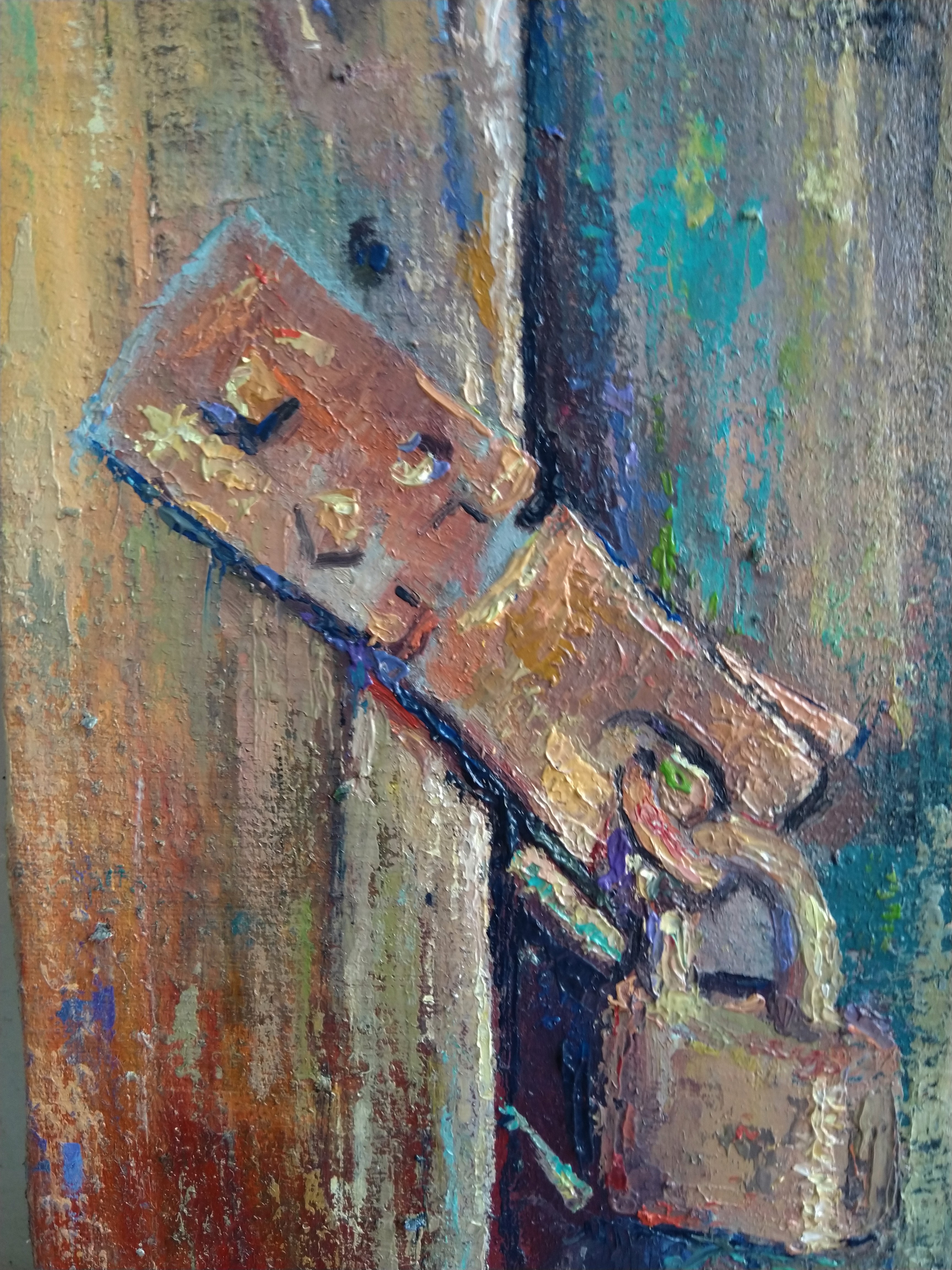 A textured close-up of a rusty padlock on an old wooden door.