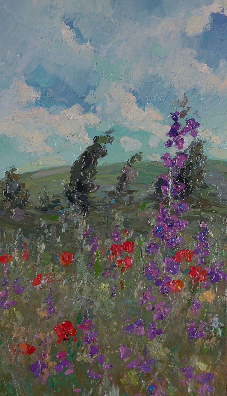 A textured landscape painting featuring tall purple flowers and red poppies against a cloudy sky.