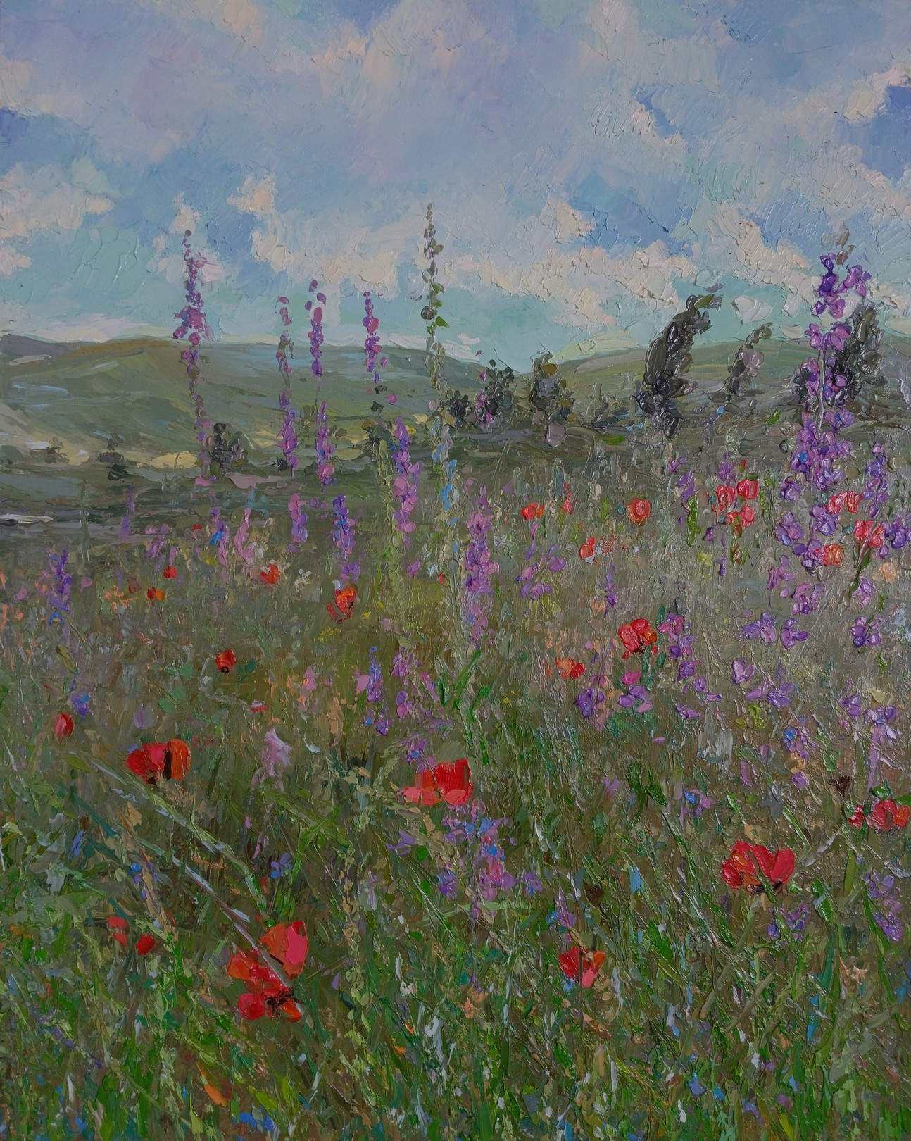 A textured landscape painting featuring tall purple flowers and red poppies against a cloudy sky.