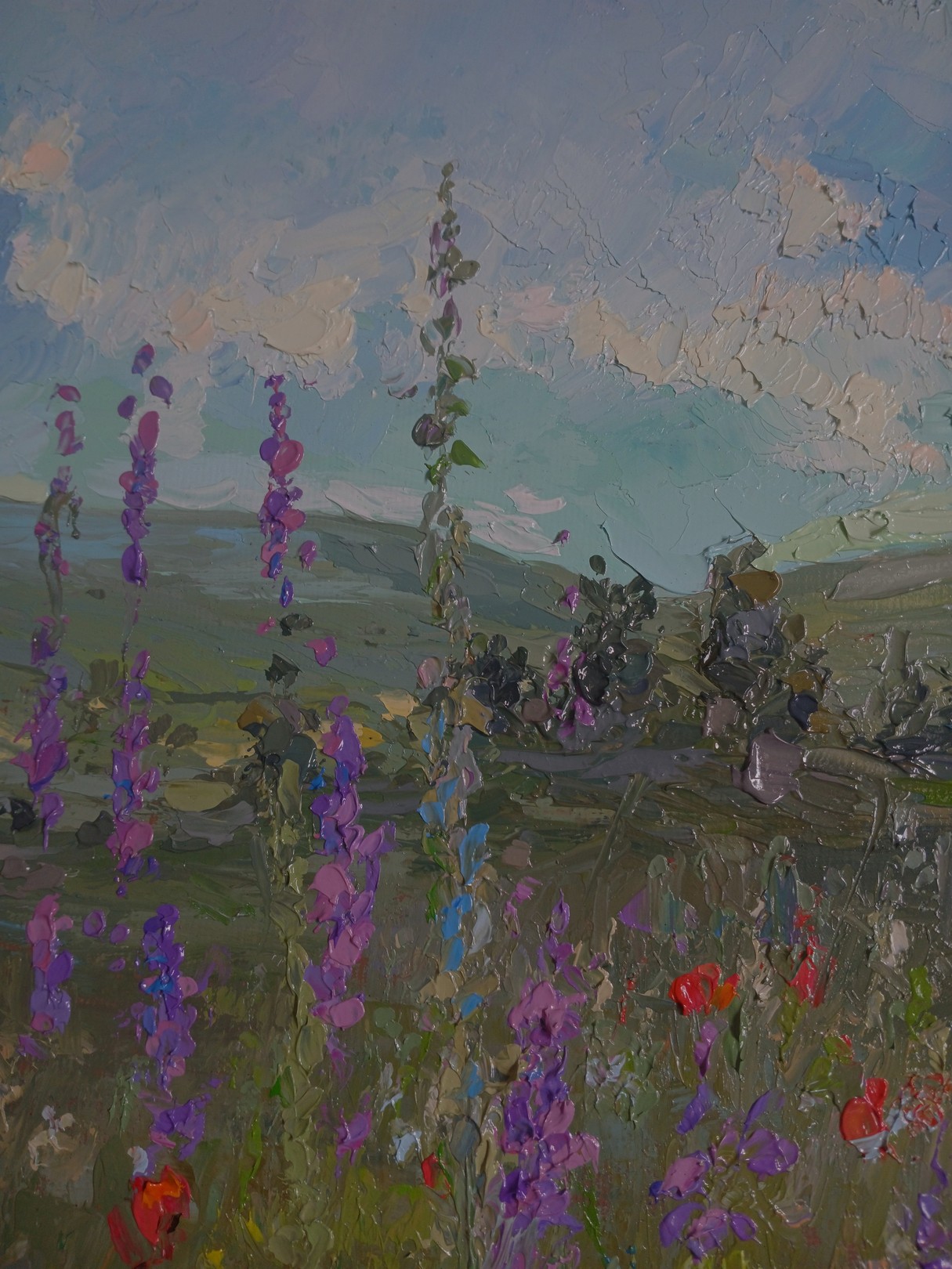 A textured landscape painting featuring tall purple flowers and red poppies against a cloudy sky.