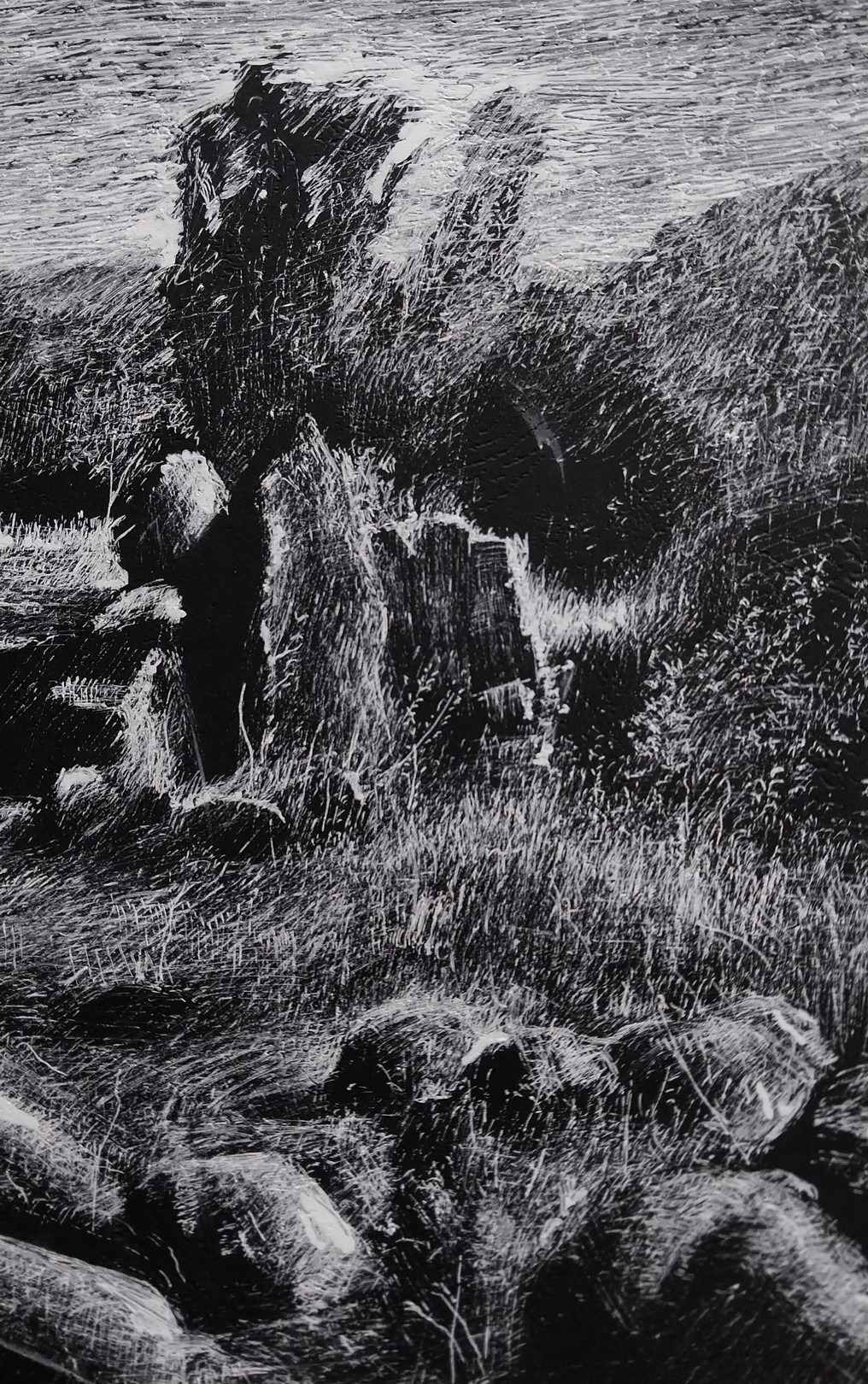 A black and white drawing of rocks by the water.