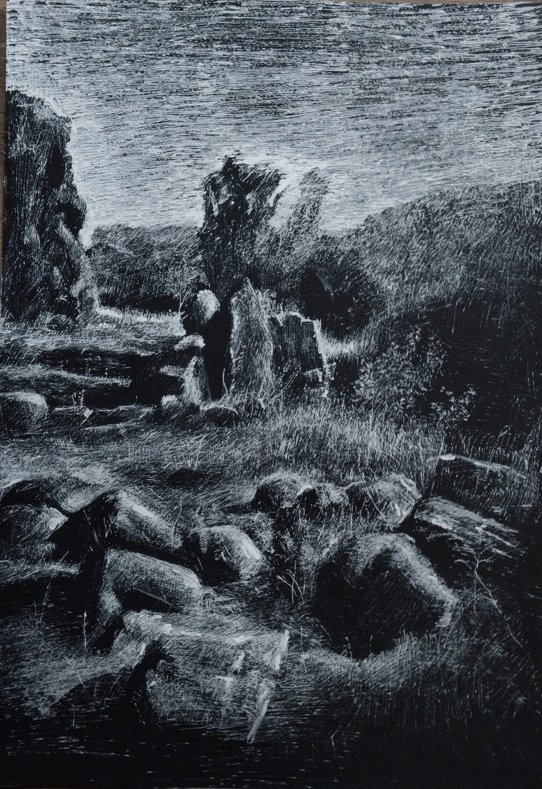 A black and white drawing of rocks by the water.