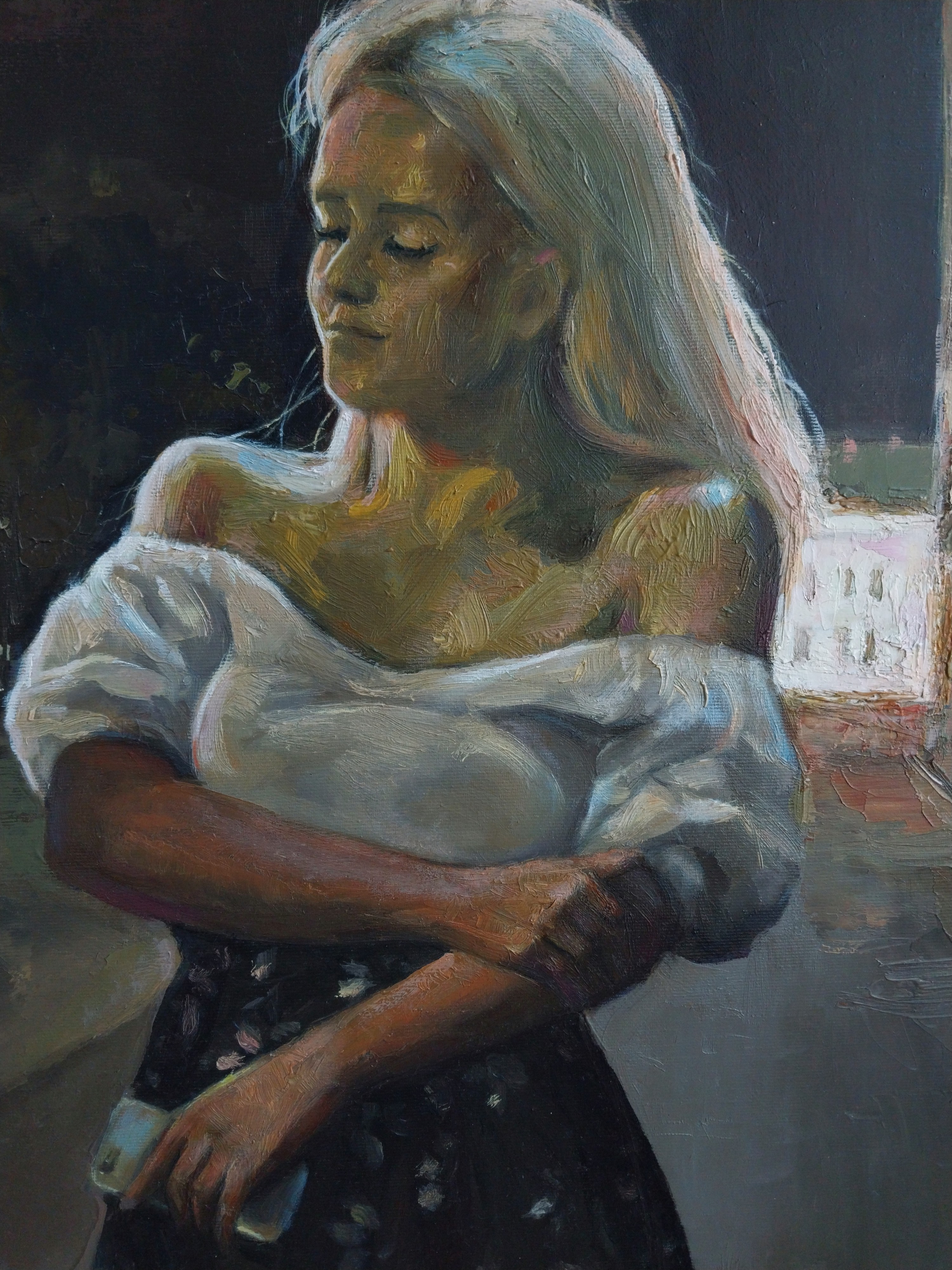 A painting of a woman sitting in front of a window.
