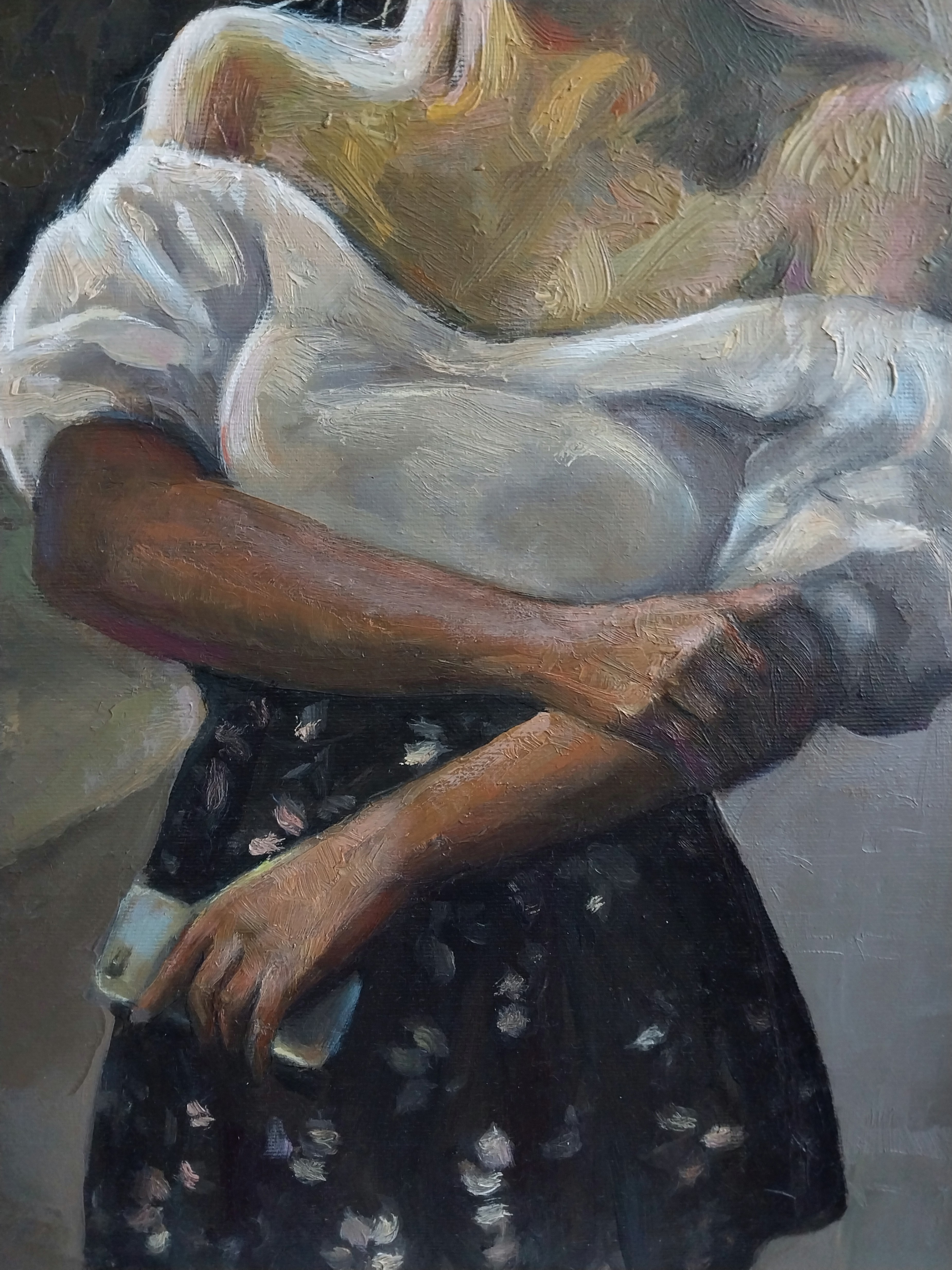 A painting of a woman sitting in front of a window.