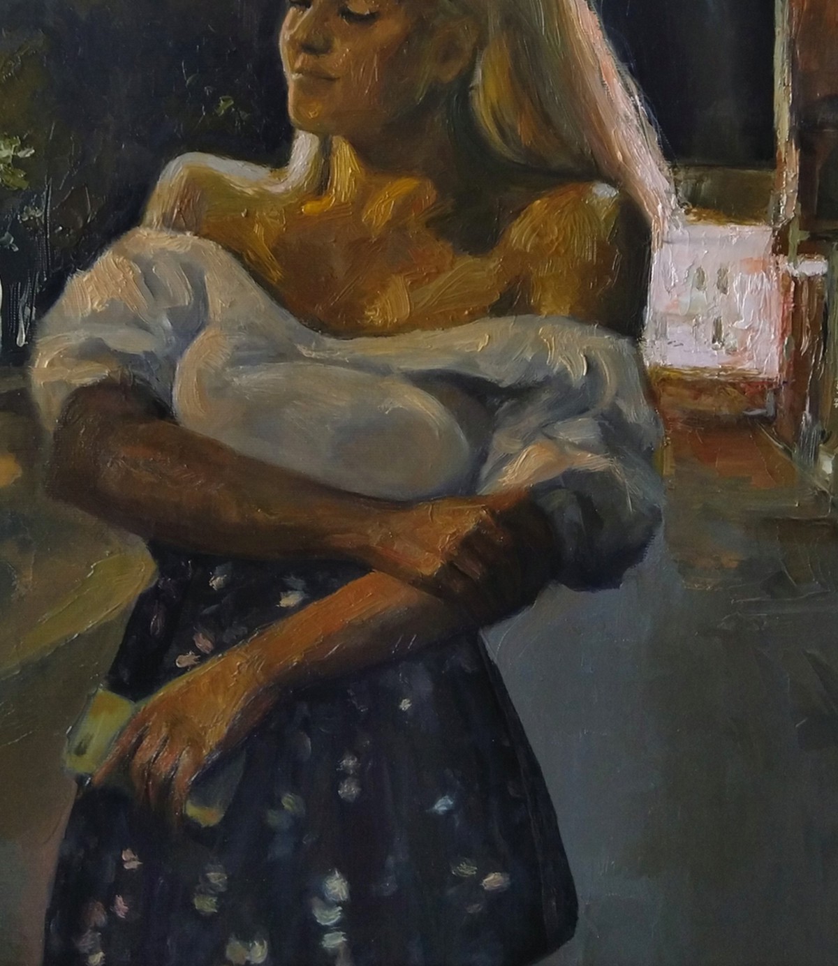 A painting of a woman sitting in front of a window.