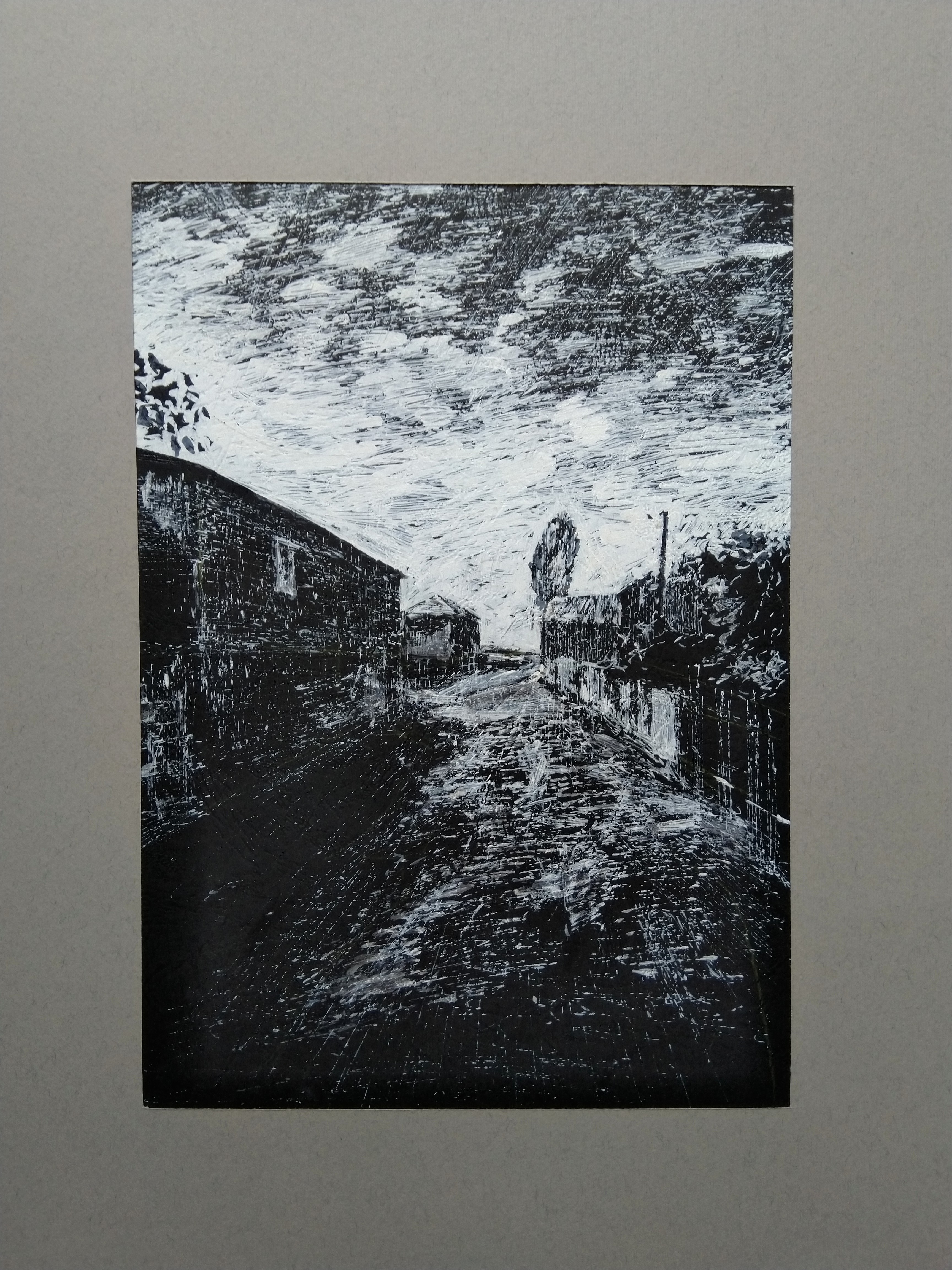 A black and white drawing of a street in a rural area.