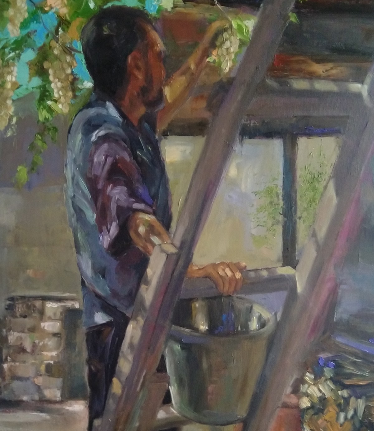 A painterly scene of a figure harvesting grapes on a ladder.