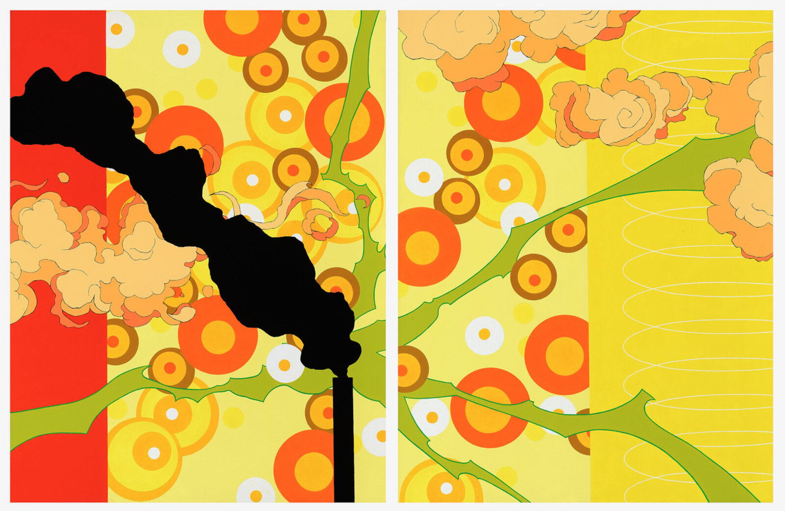 A split-panel graphic print featuring a black silhouette against a vibrant, patterned background.