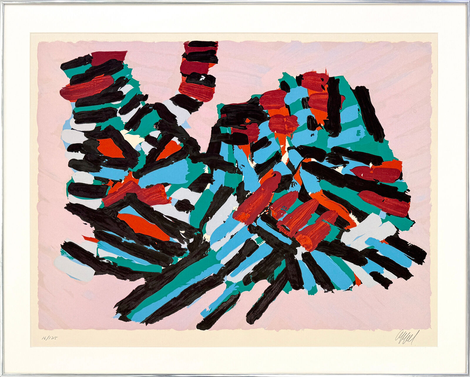 A painting of a colorful abstract painting on a pink background.