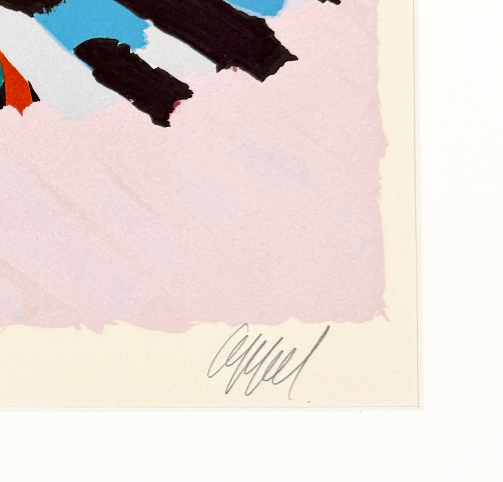 A painting of a colorful abstract painting on a pink background.