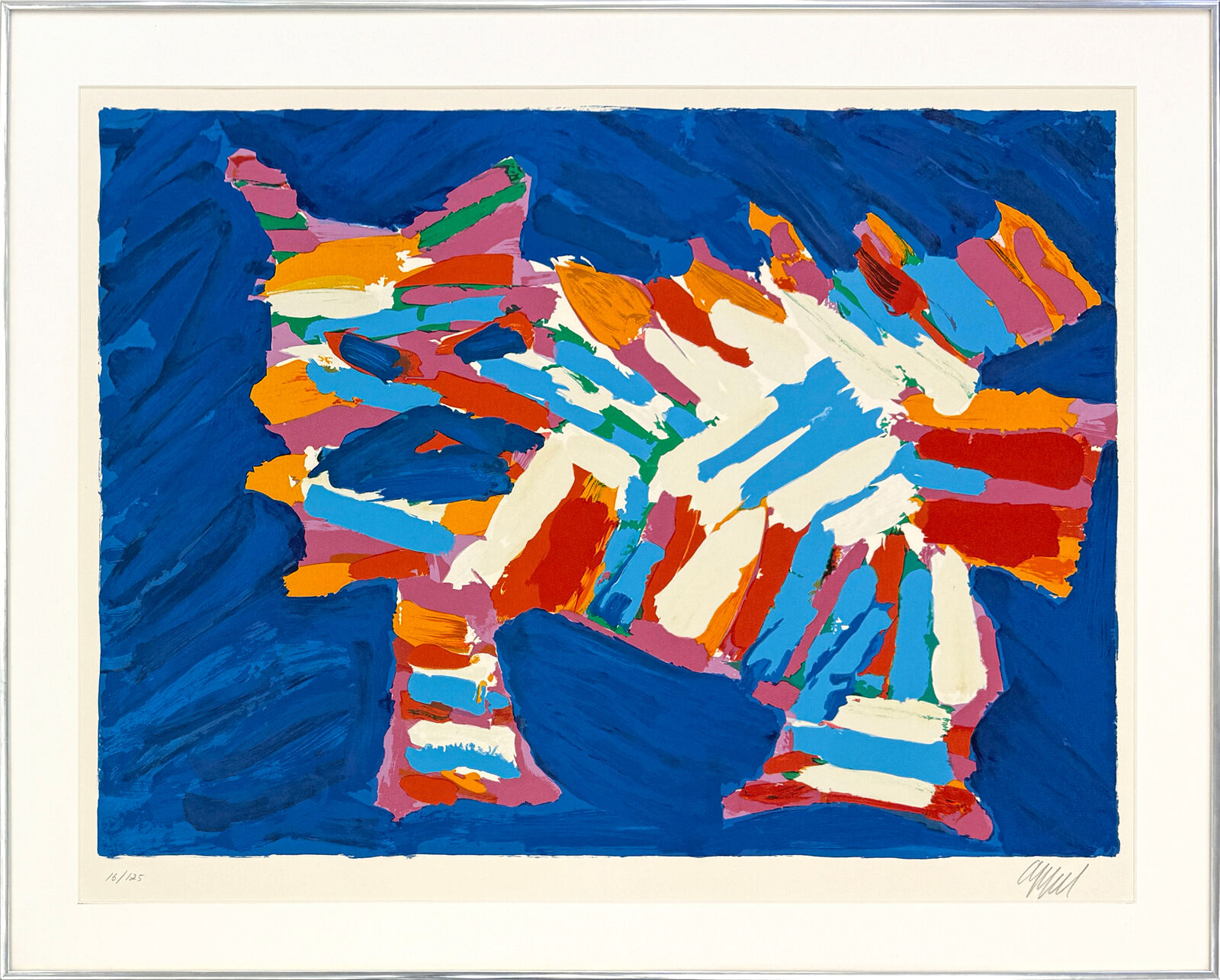 A painting of a colorful abstract painting on a blue background.