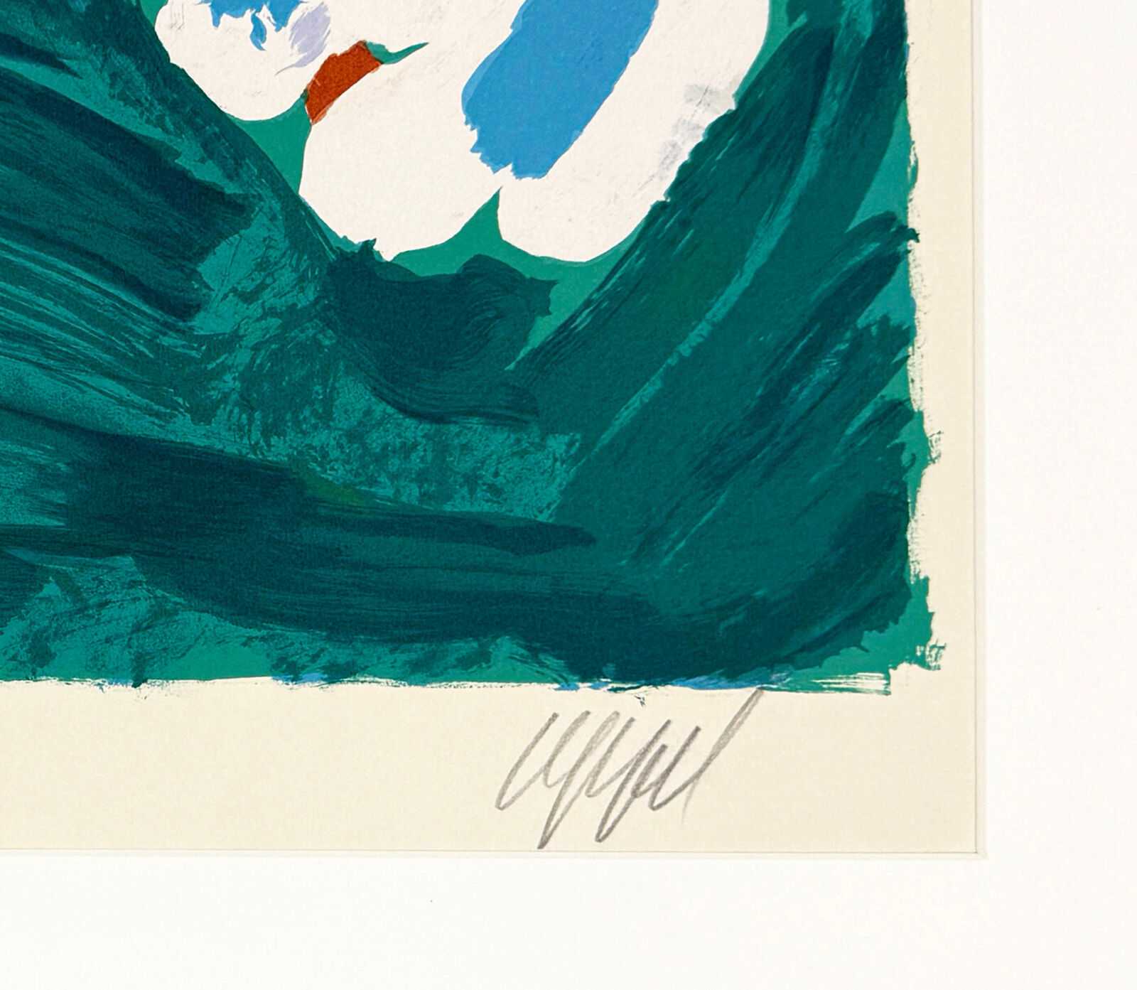 A painting of a blue and orange abstract painting in a white frame.