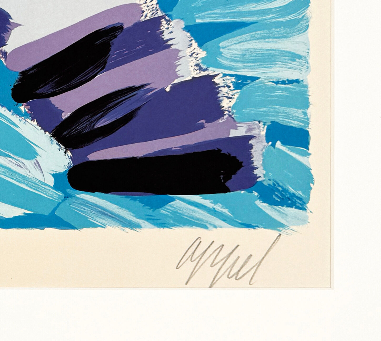 A painting of a purple and blue abstract painting in a white frame.