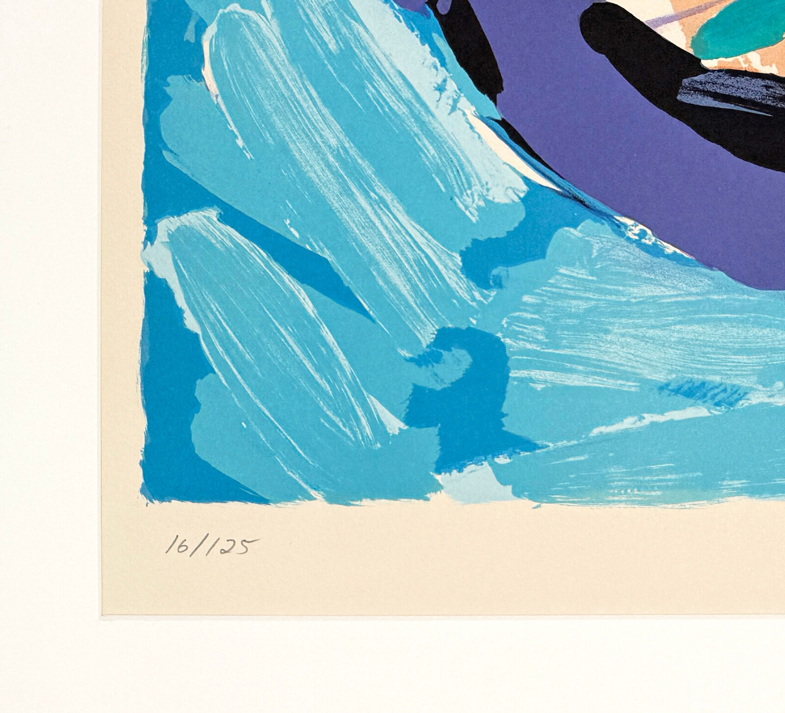 A painting of a purple and blue abstract painting in a white frame.