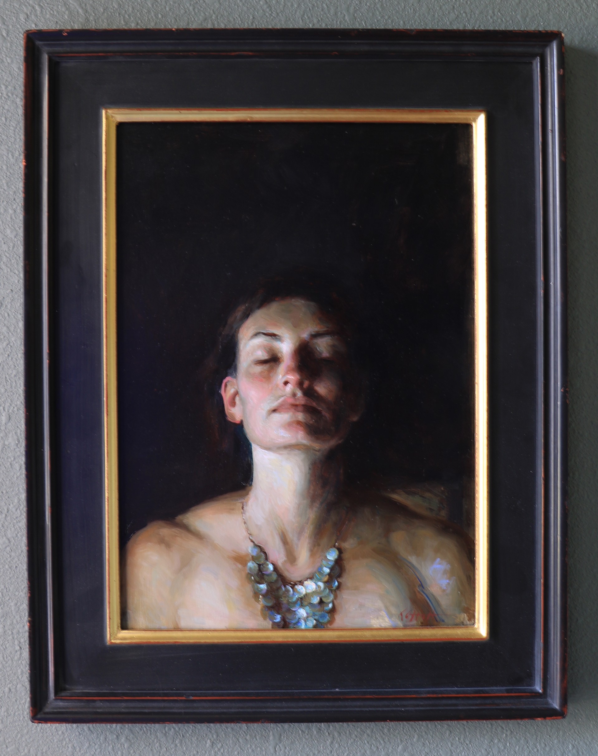 A painting of a woman with her eyes closed and a necklace on.