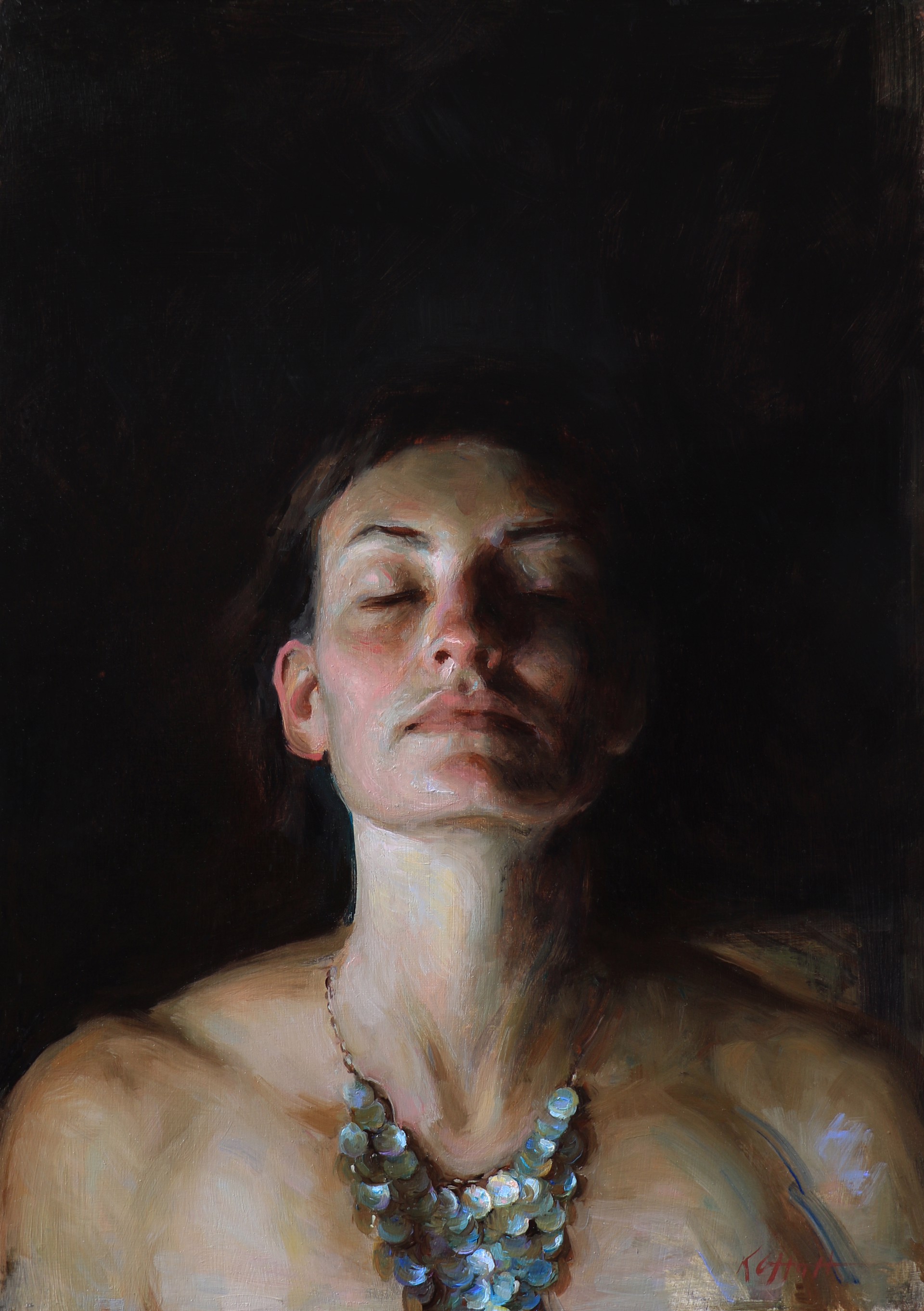 A painting of a woman with her eyes closed and a necklace on.
