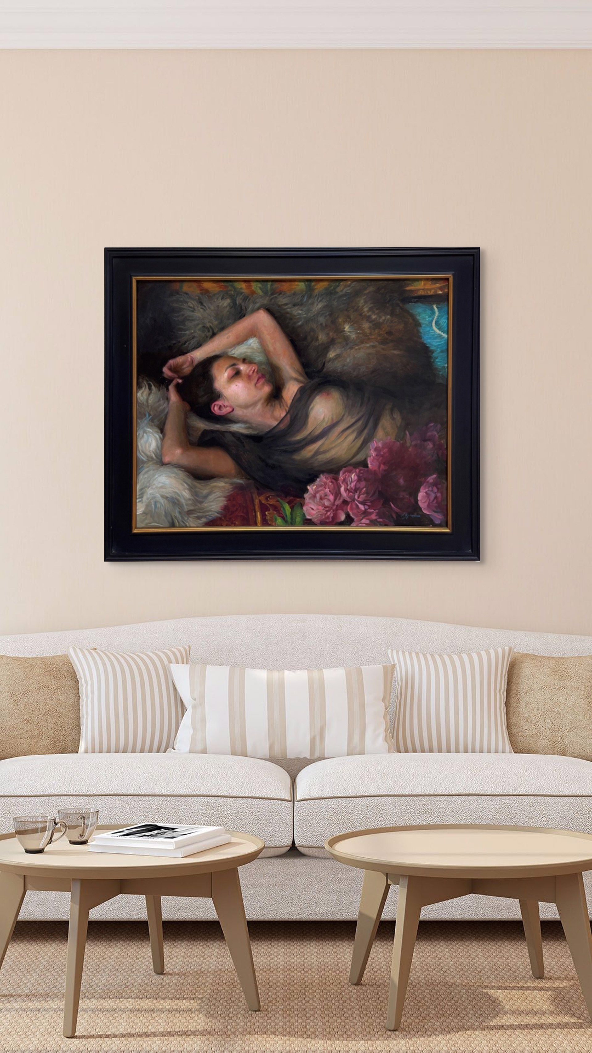 A painting of a woman laying on a fur rug with flowers.