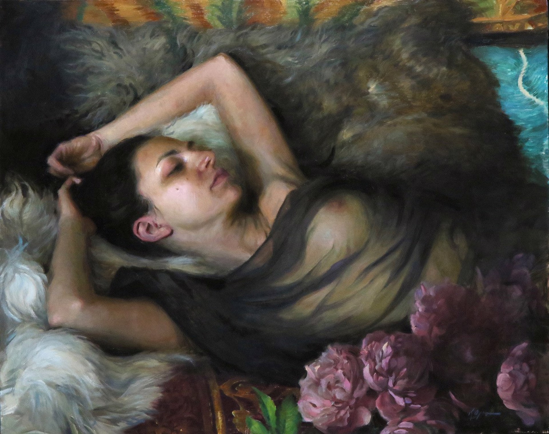 A painting of a woman laying on a fur rug with flowers.