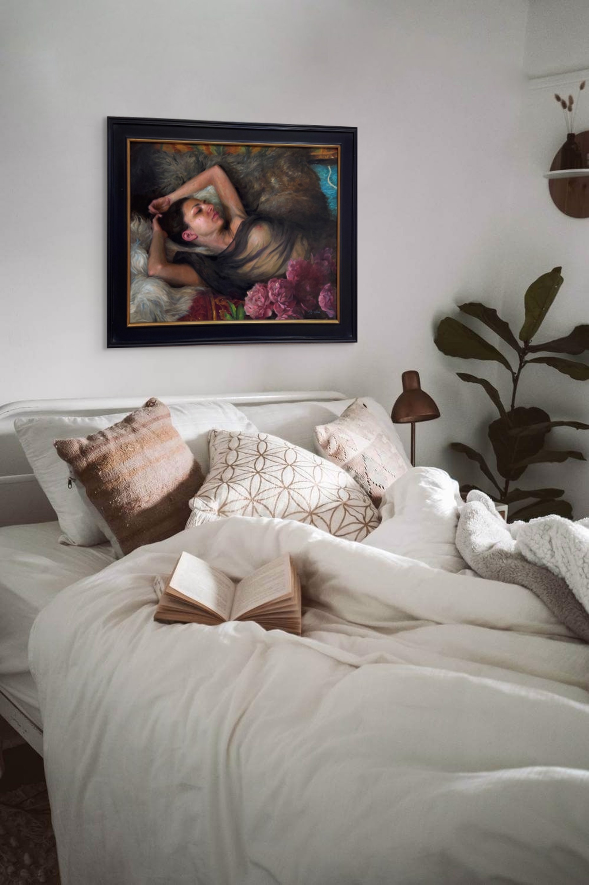 A painting of a woman laying on a fur rug with flowers.