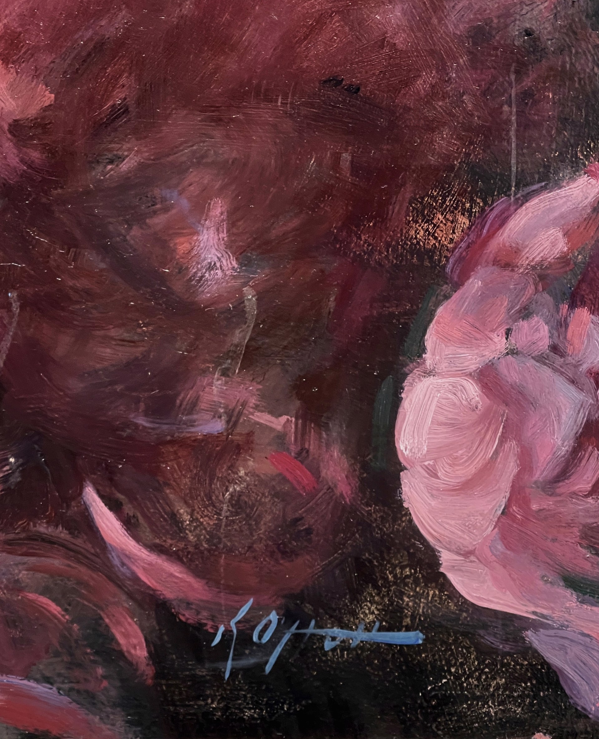 A painting of a woman laying on a fur rug with flowers.