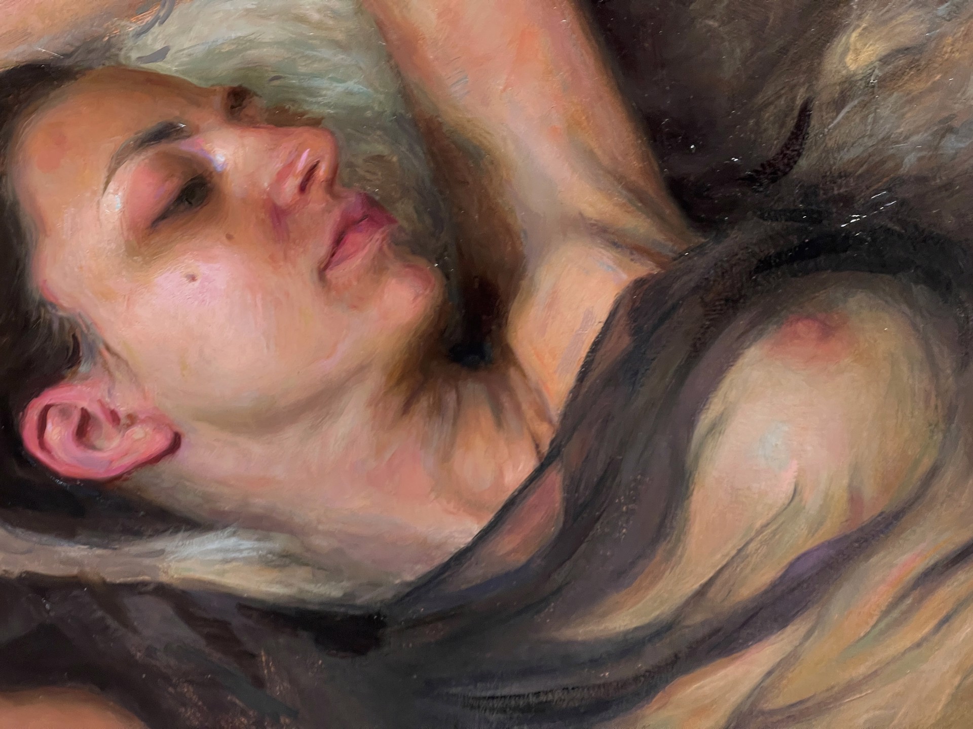A painting of a woman laying on a fur rug with flowers.
