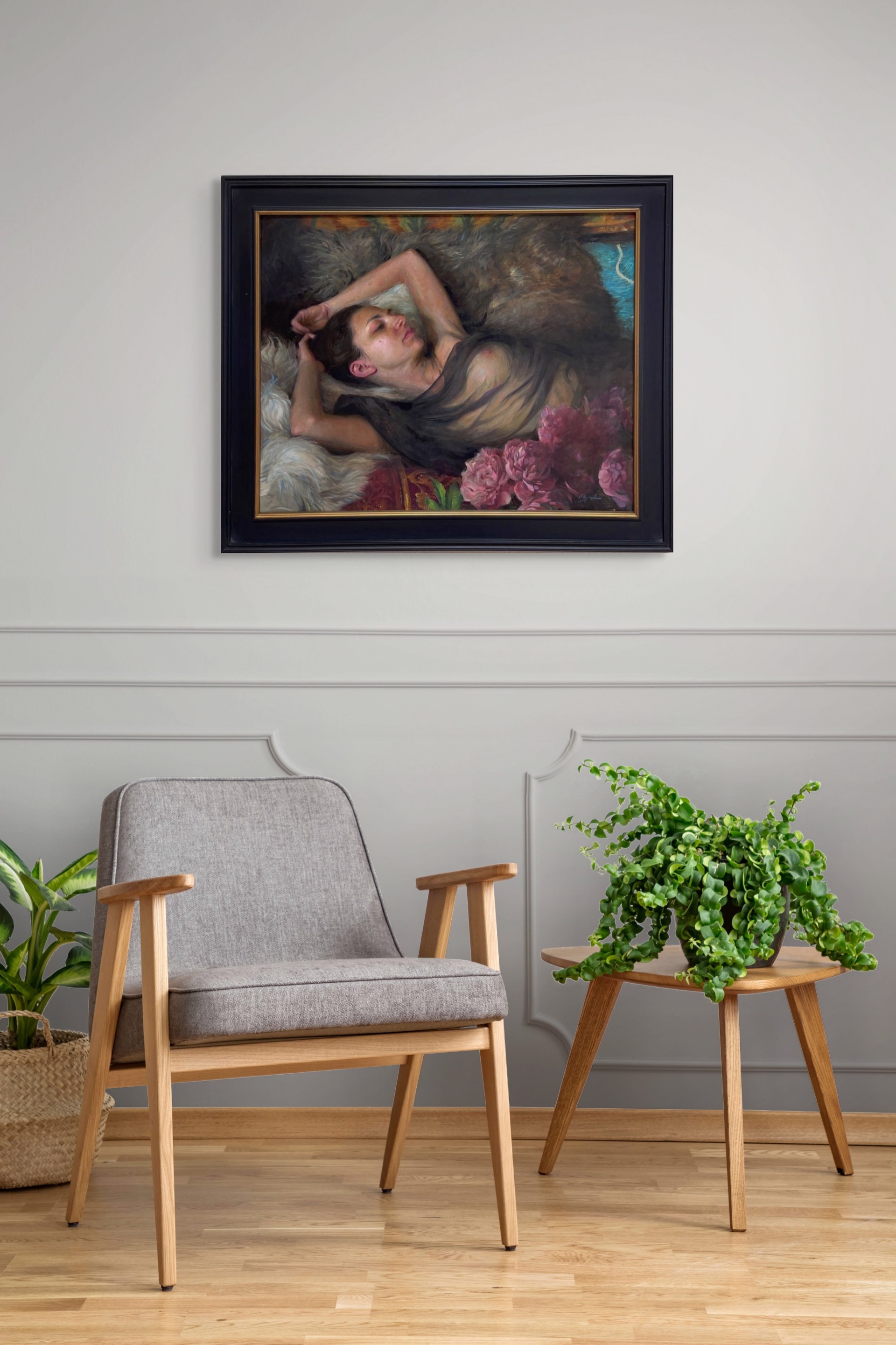 A painting of a woman laying on a fur rug with flowers.
