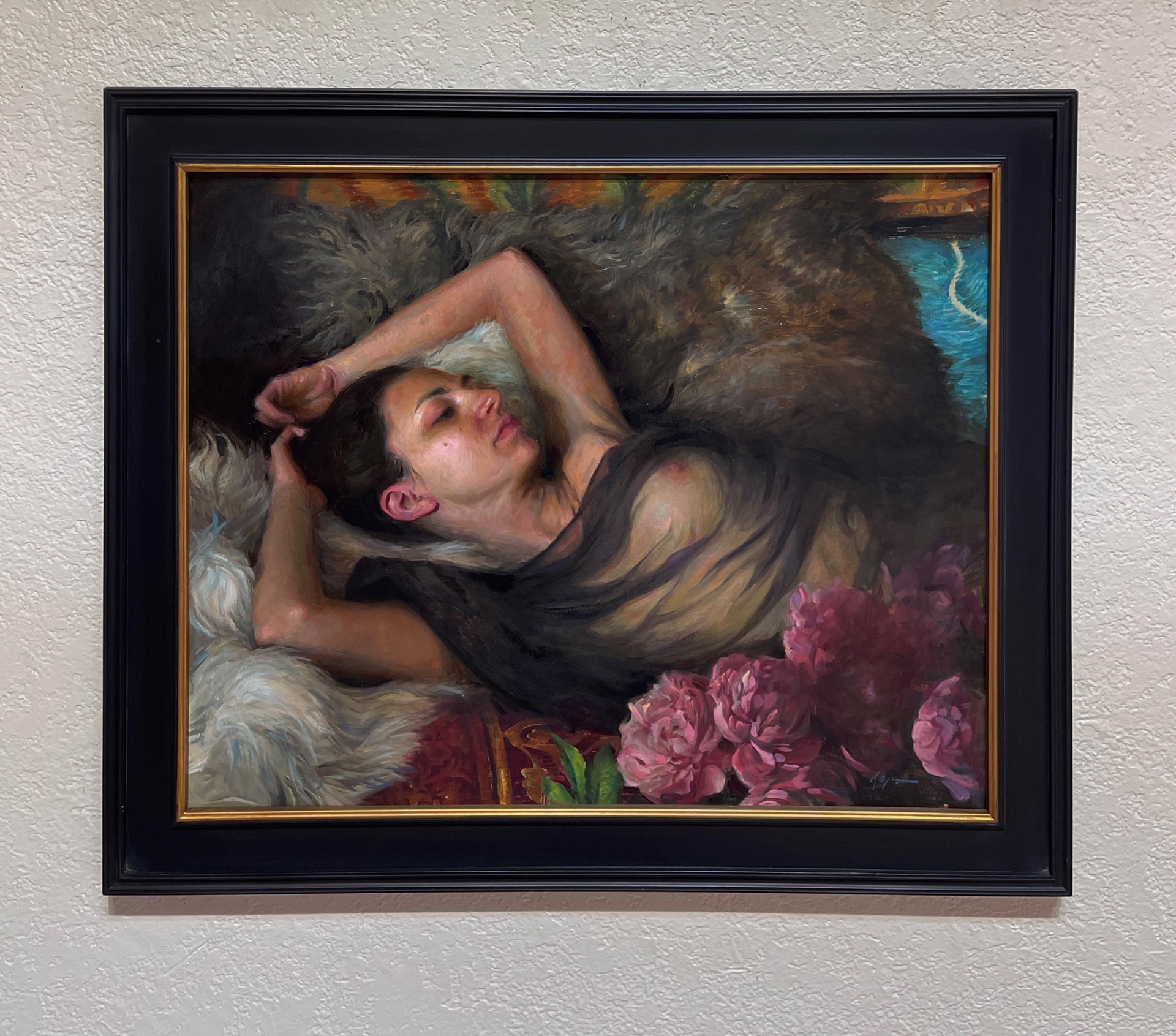 A painting of a woman laying on a fur rug with flowers.