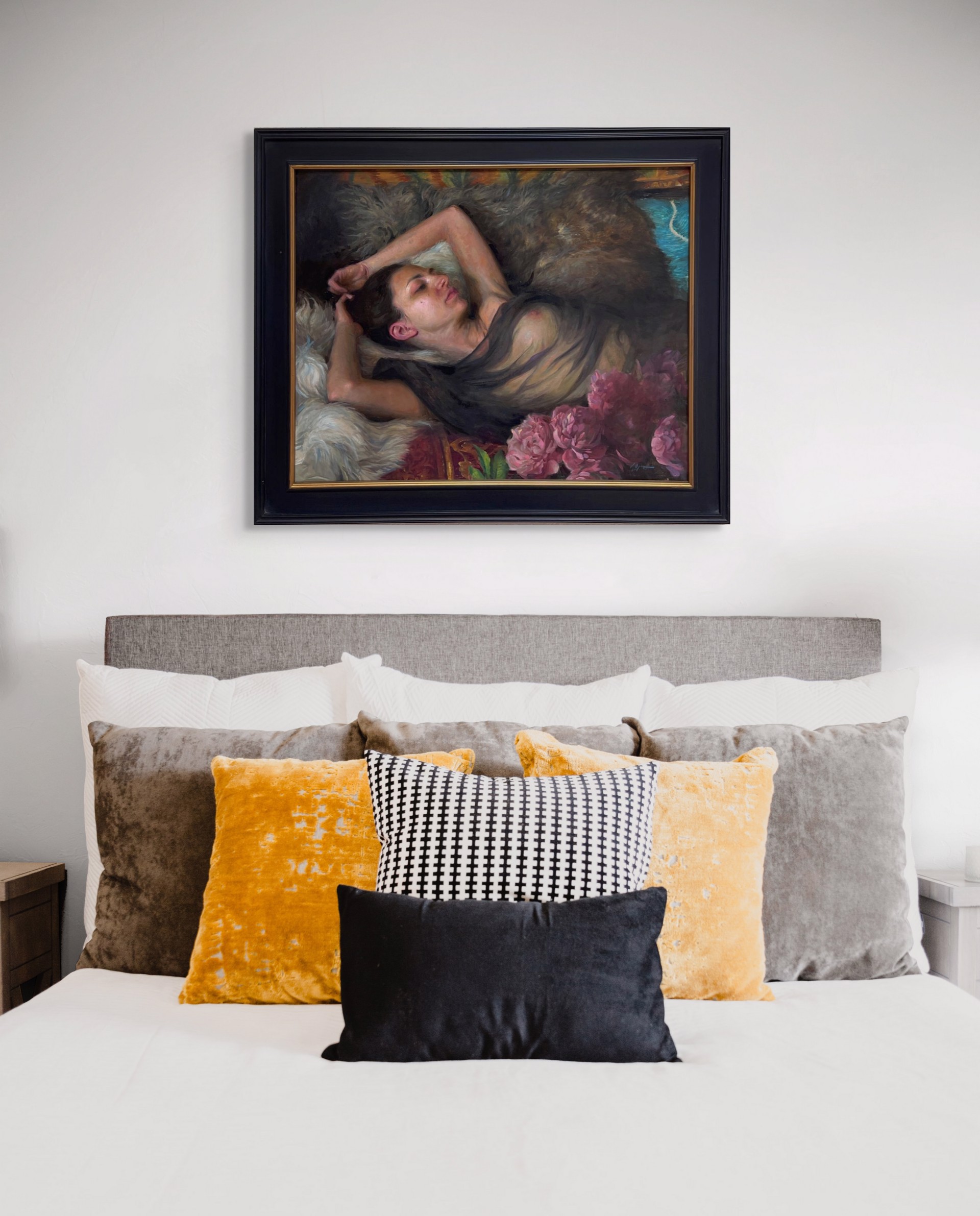 A painting of a woman laying on a fur rug with flowers.
