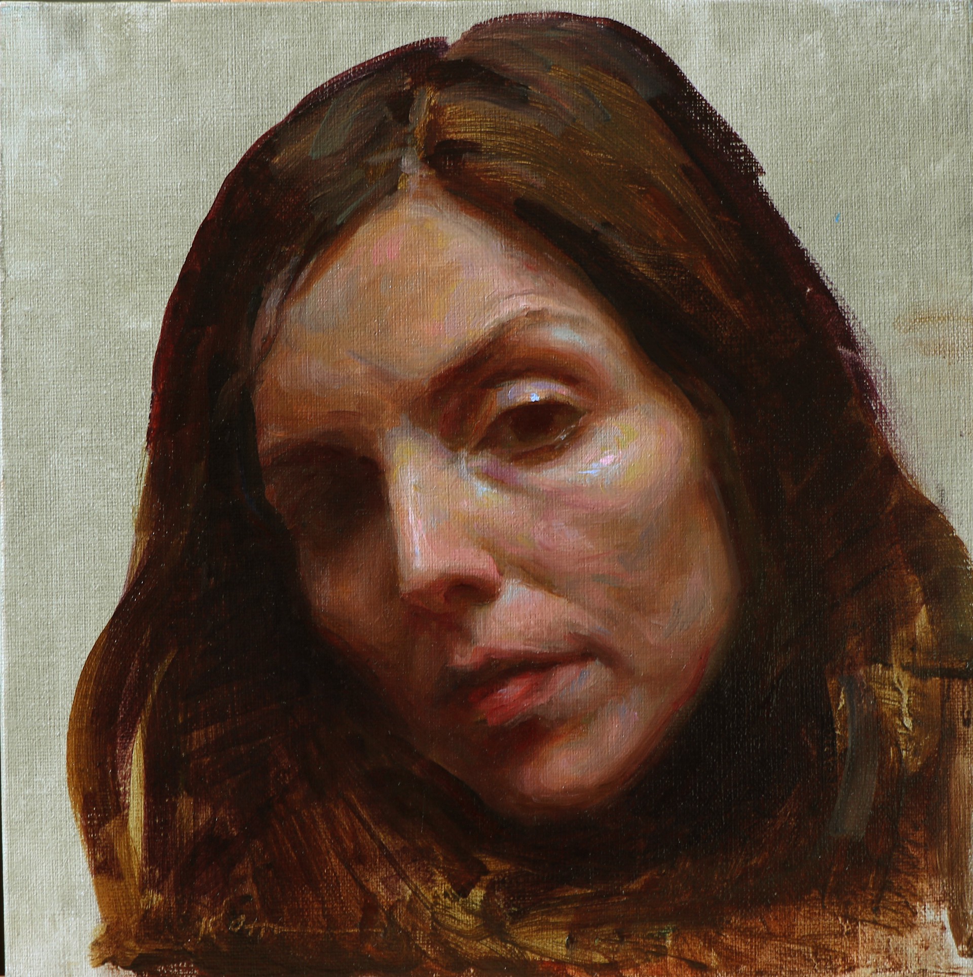 A painting of a woman with long brown hair.