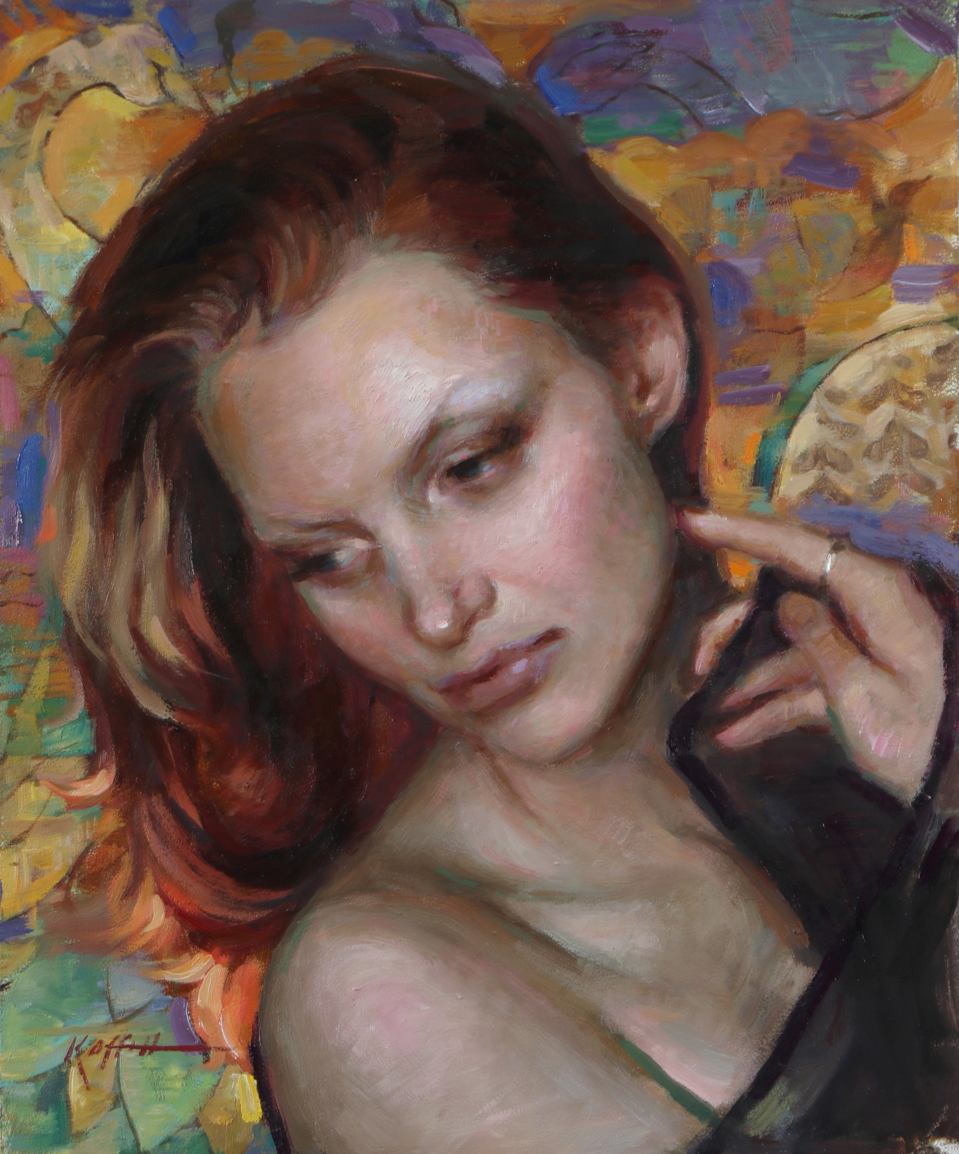 A portrait of a figure with reddish hair and a dark garment, set against an abstract colorful background.