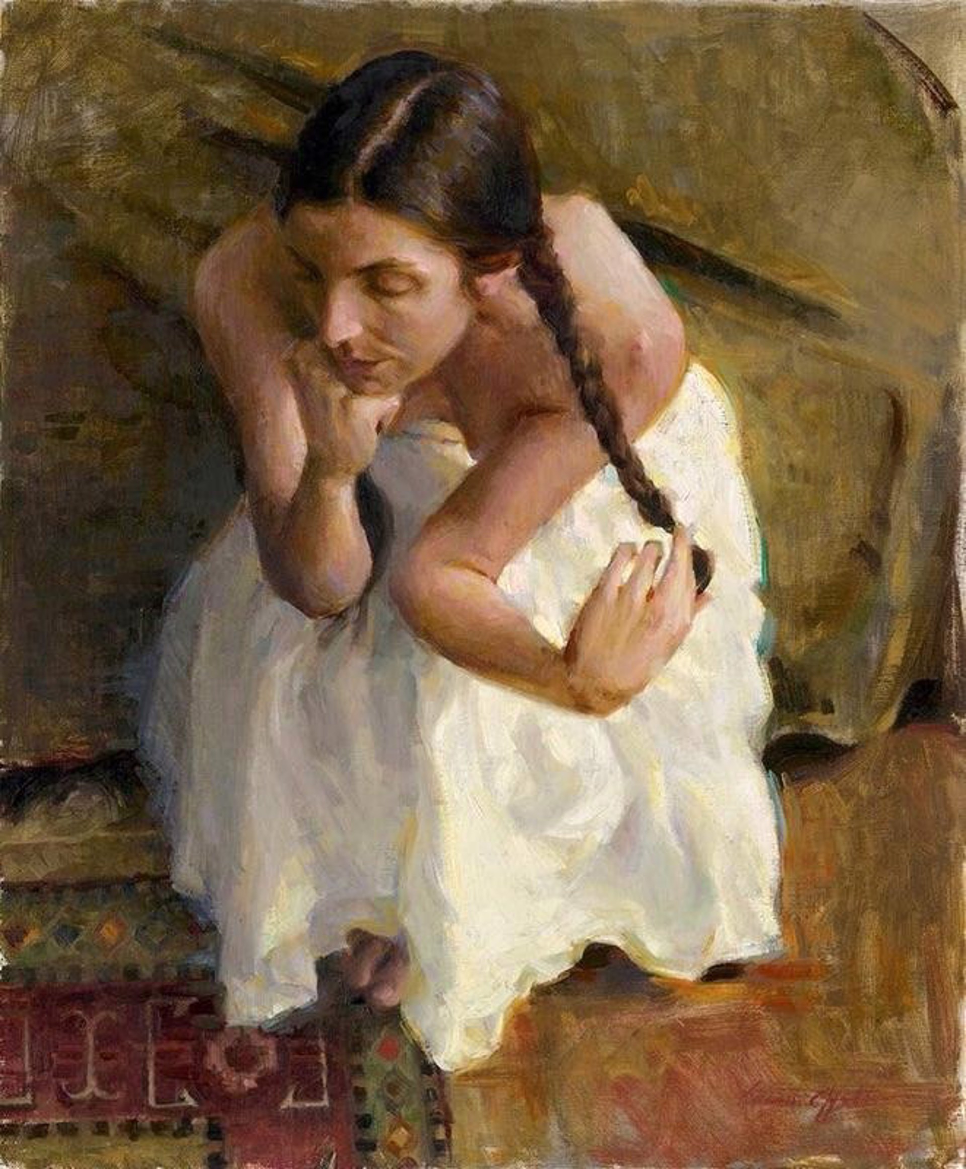 A painting of a woman sitting on a couch.