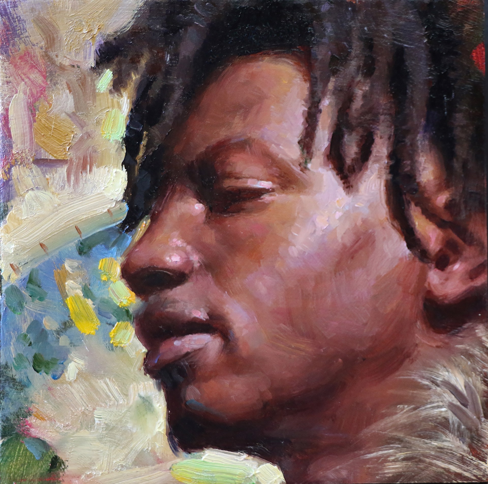 A close-up portrait of a person with short hair, captured in an expressive oil painting style.
