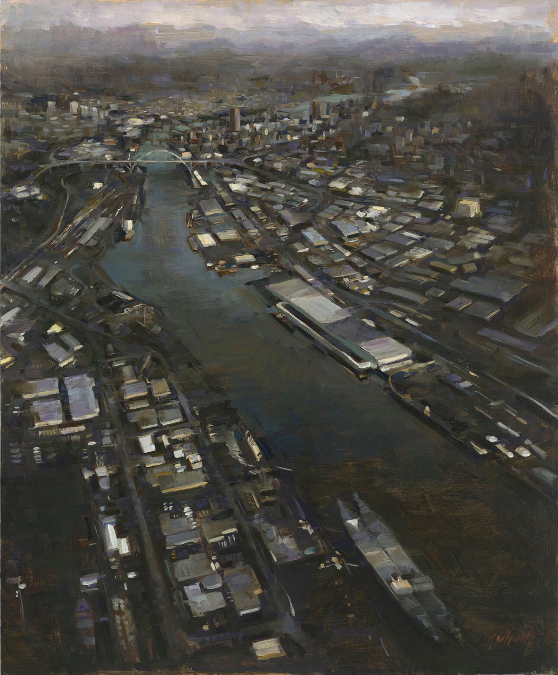 A painting of a city with a river running through it.