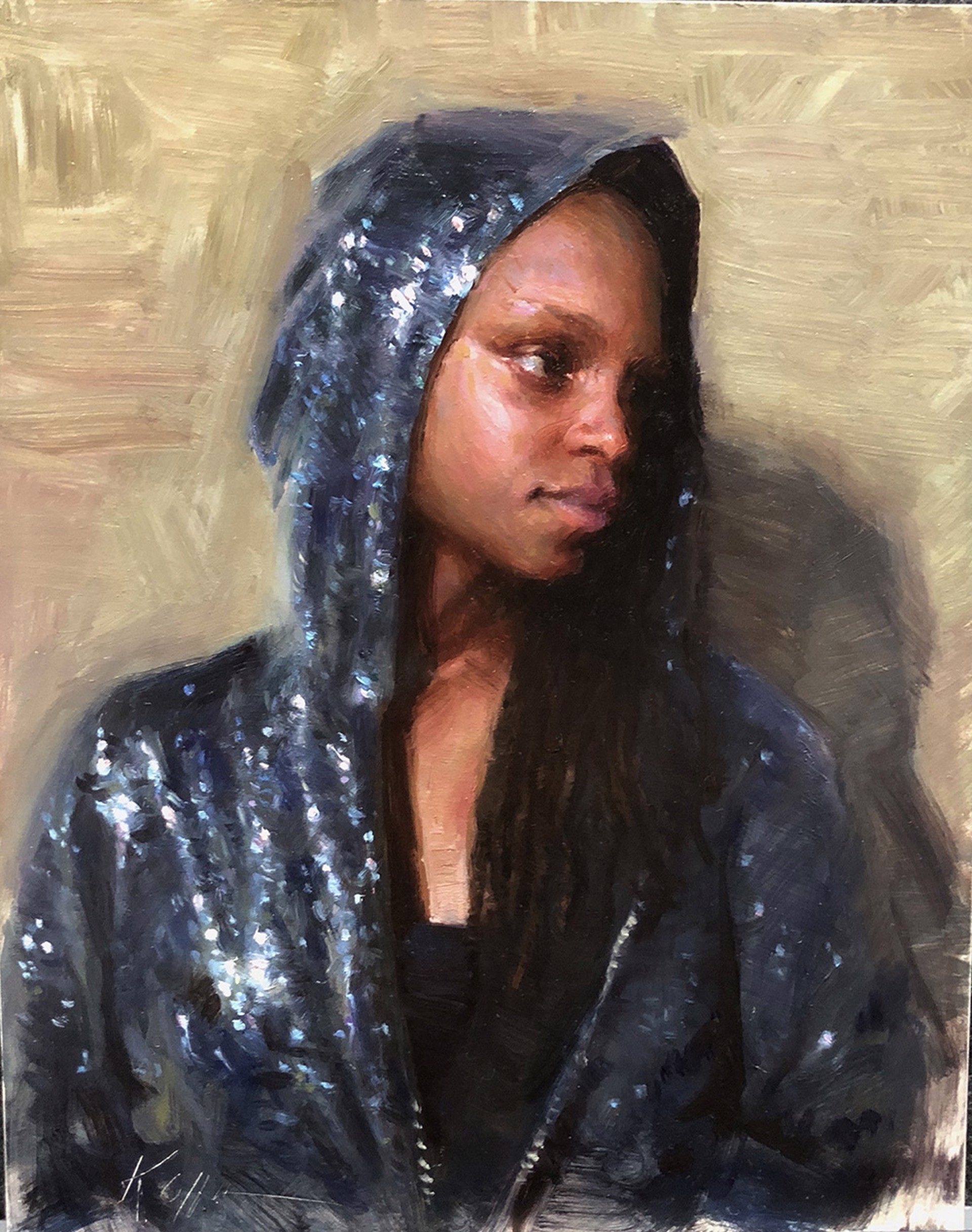 A painting of a woman wearing a hooded jacket.