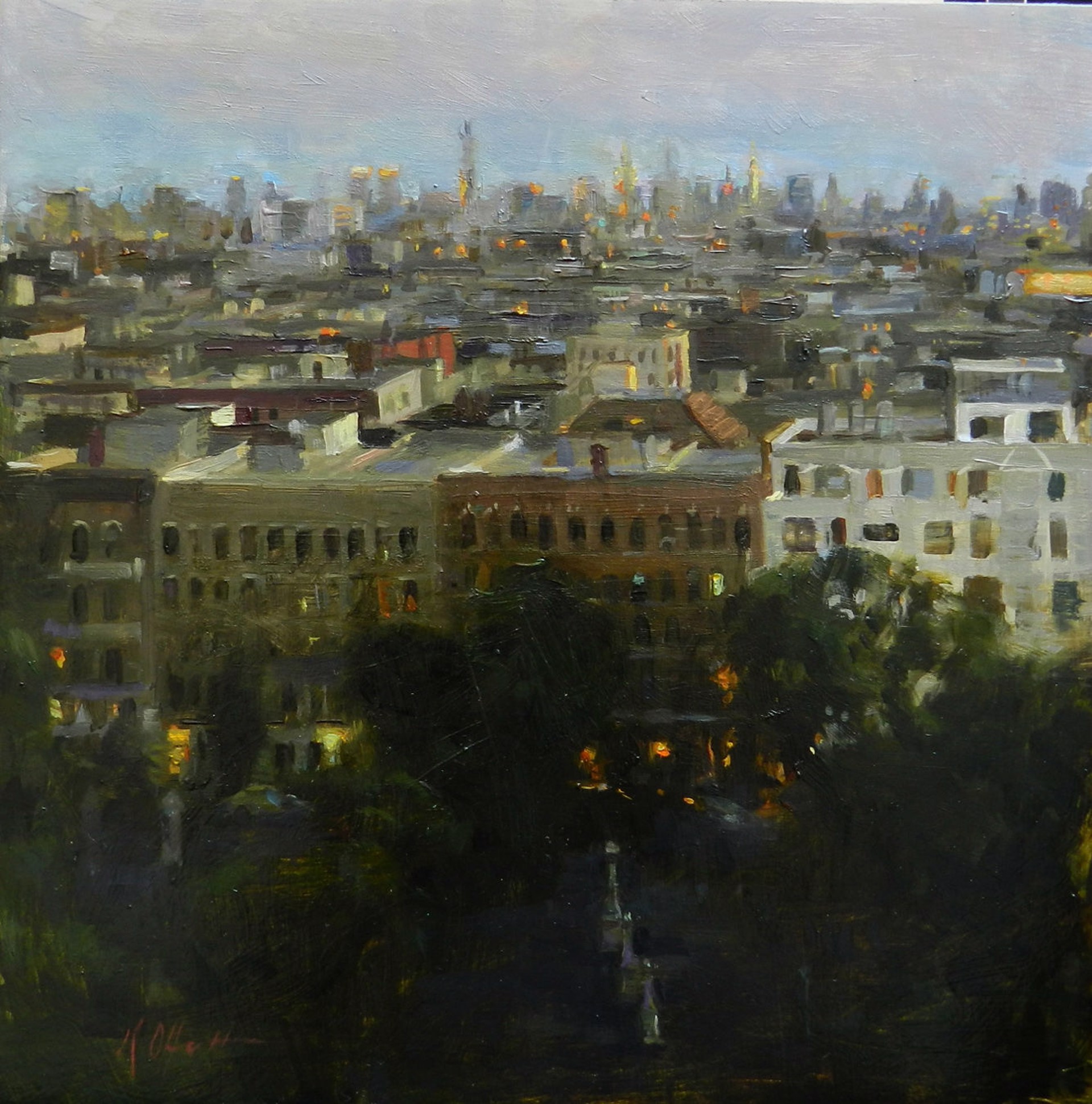 A painting of a view of a city at night from a hill.