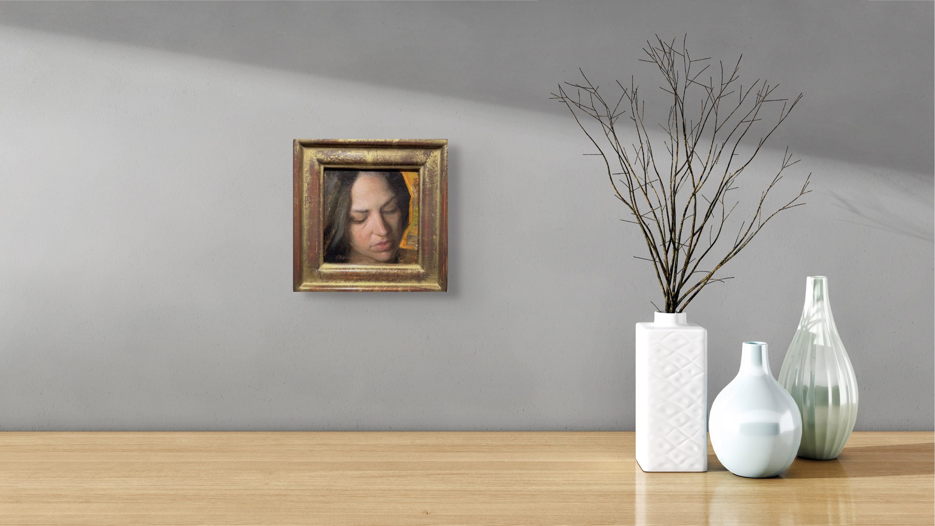 A painting of a woman with her eyes closed. 