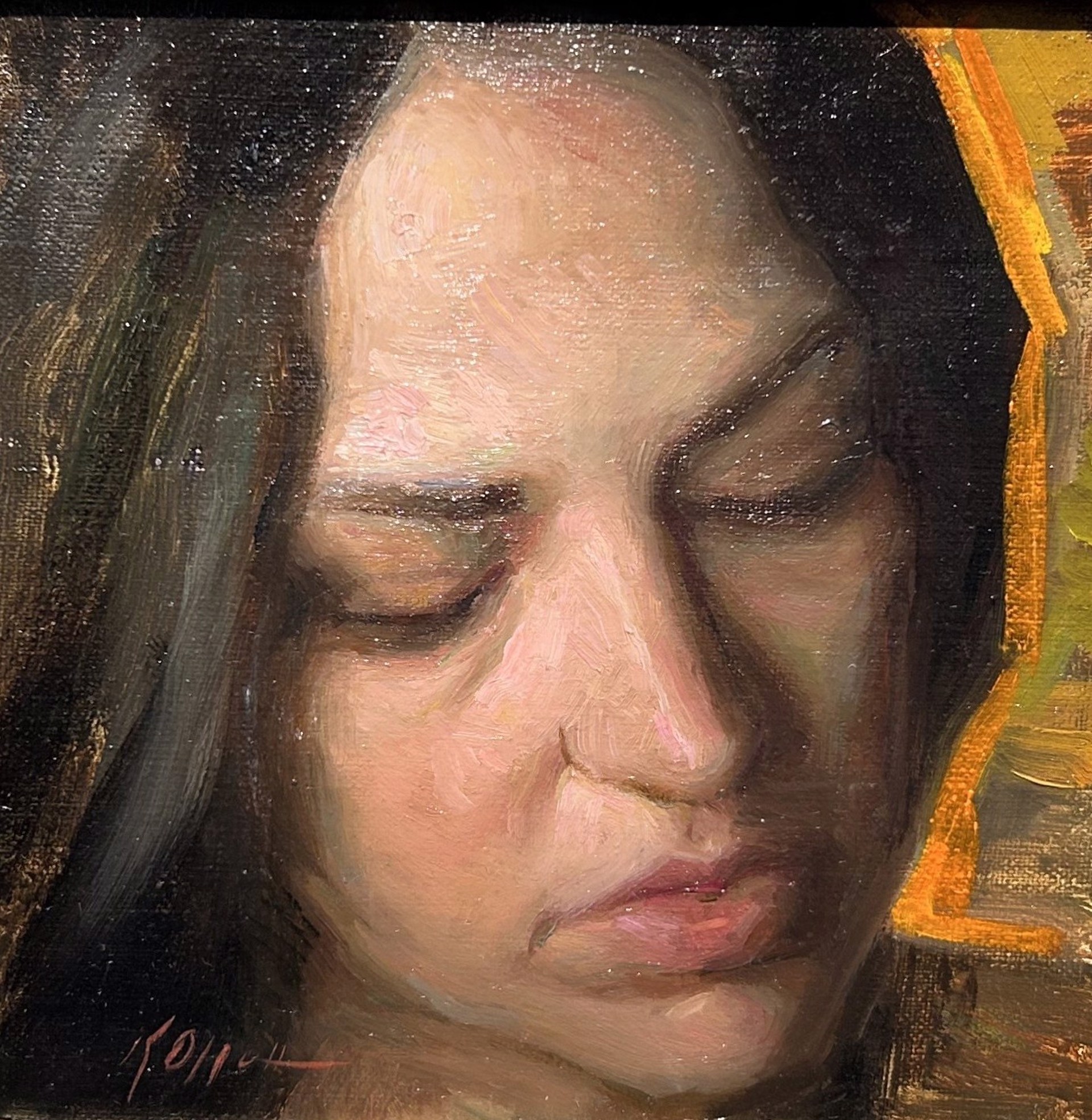 A painting of a woman with her eyes closed. 