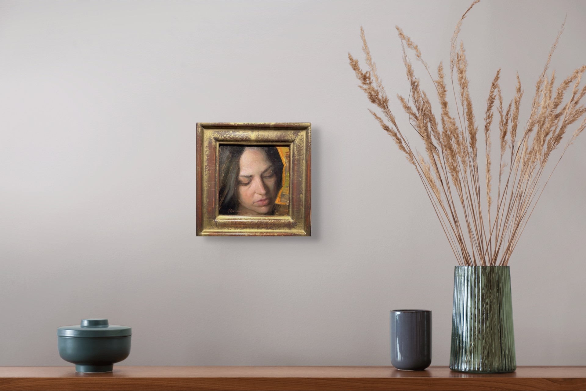 A painting of a woman with her eyes closed. 