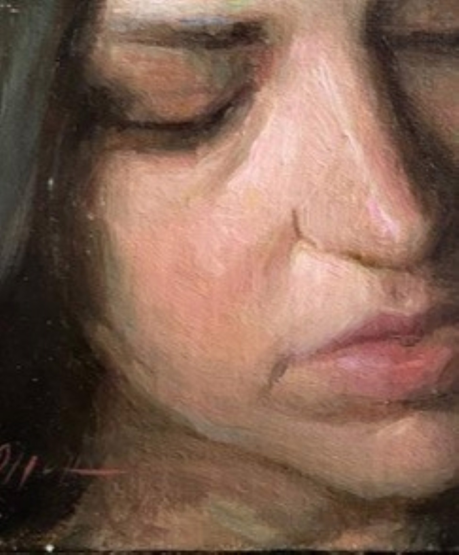 A painting of a woman with her eyes closed. 