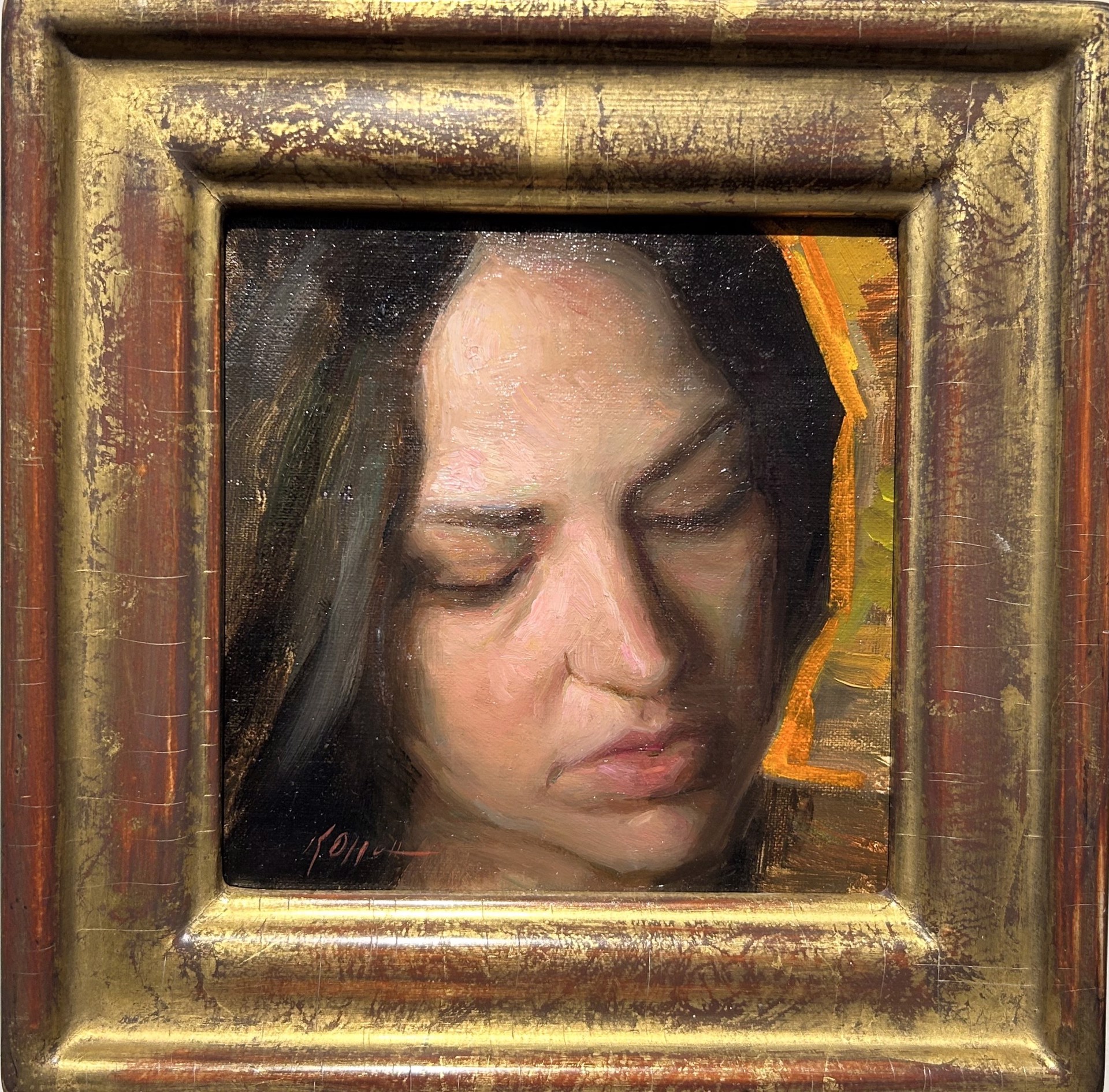 A painting of a woman with her eyes closed. 