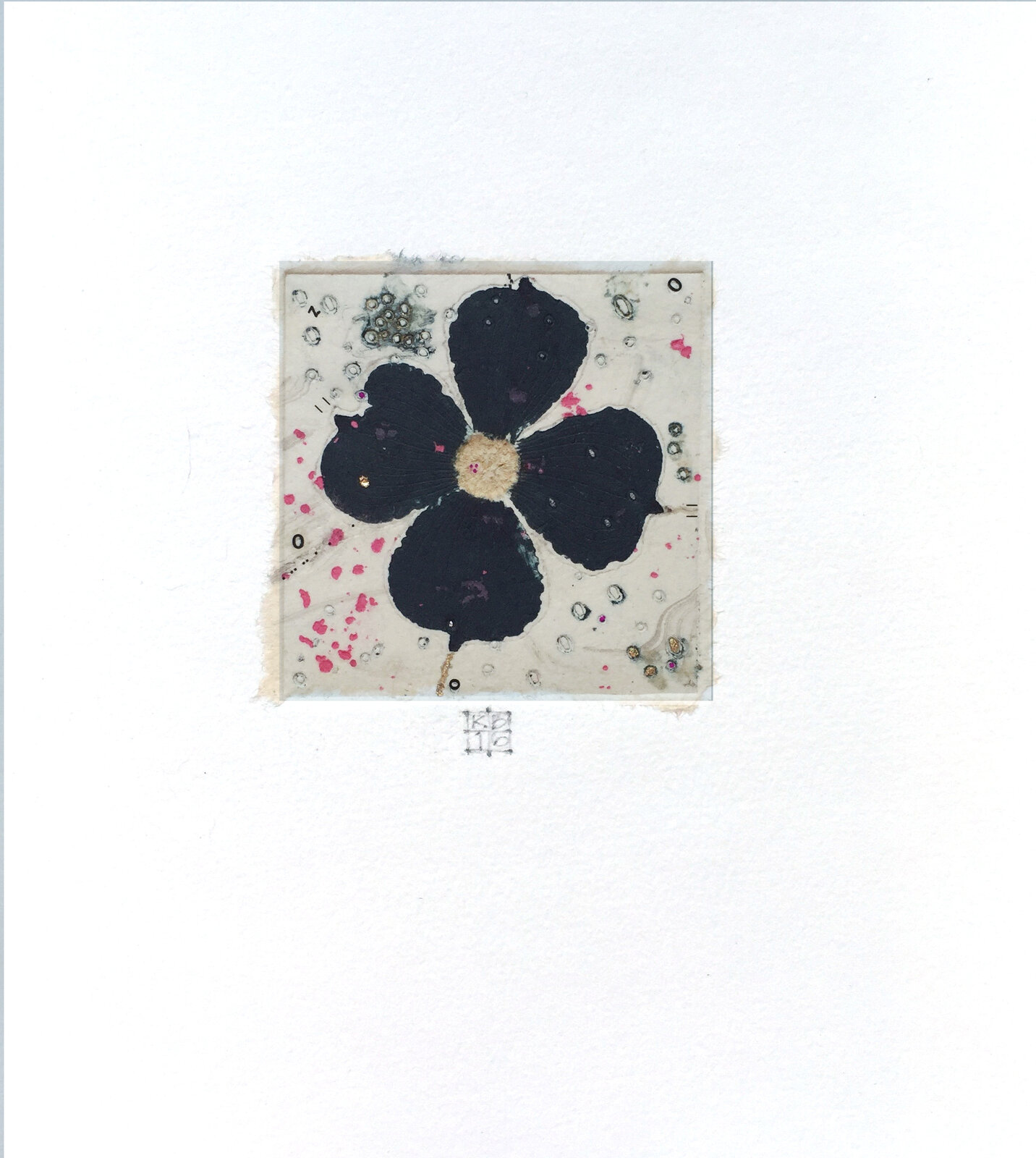A black flower on a white background with a black border.