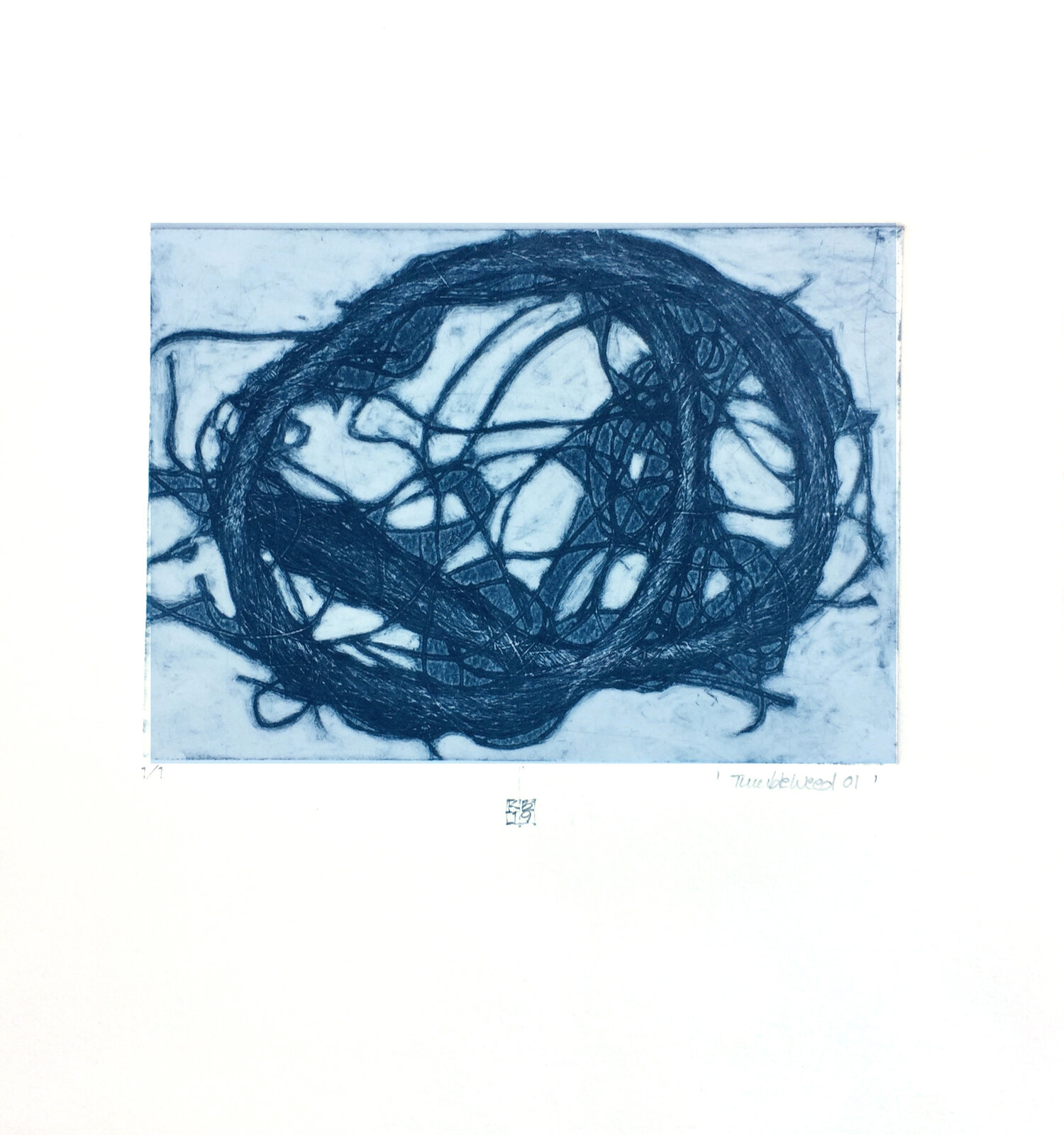 A blue and white drawing of a circle of tangled wires.