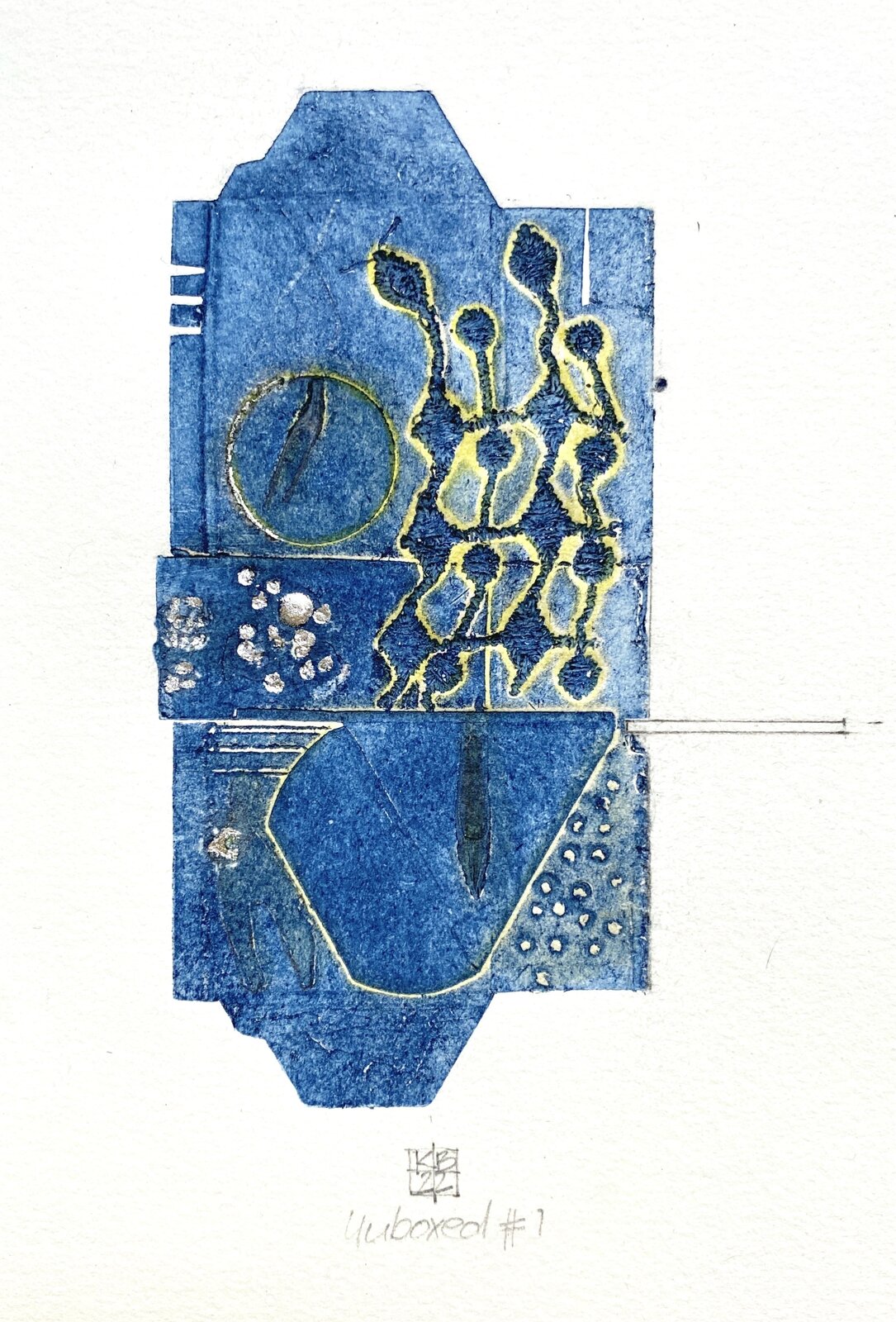 Artwork by Karin Bruckner, Unboxed #1, Made of Collagraph with Turmeric and Silver Leaf Hand pulled on Etching Press on white BFK Rives Printmaking Paper. 